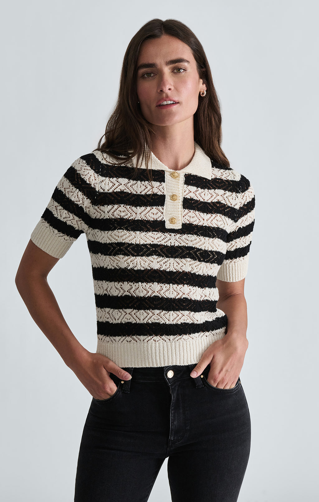 SHORT SLEEVE POLO SWEATER IN BLACK STRIPED - Mavi Jeans