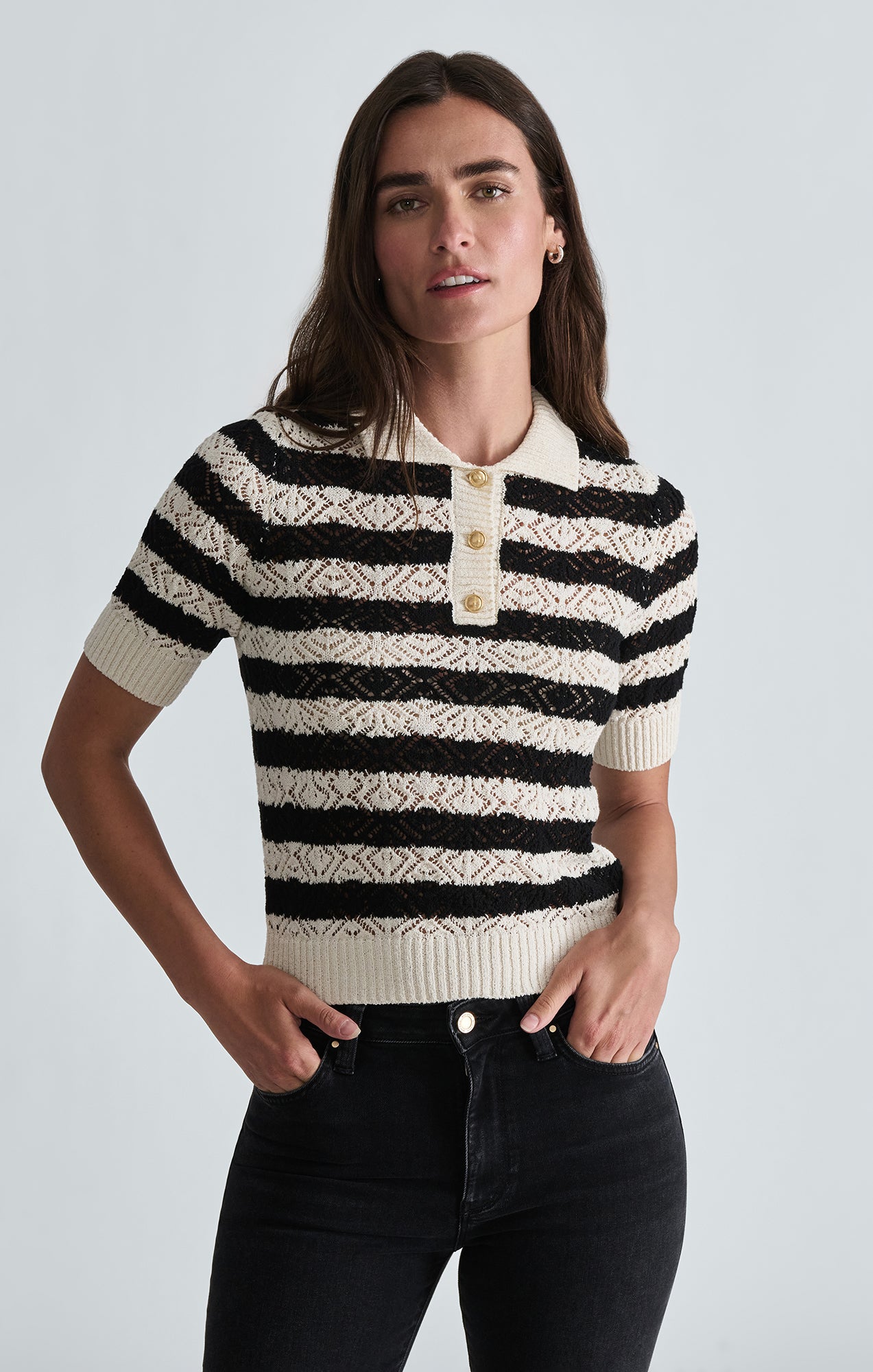 SHORT SLEEVE POLO SWEATER IN BLACK STRIPED - Mavi Jeans