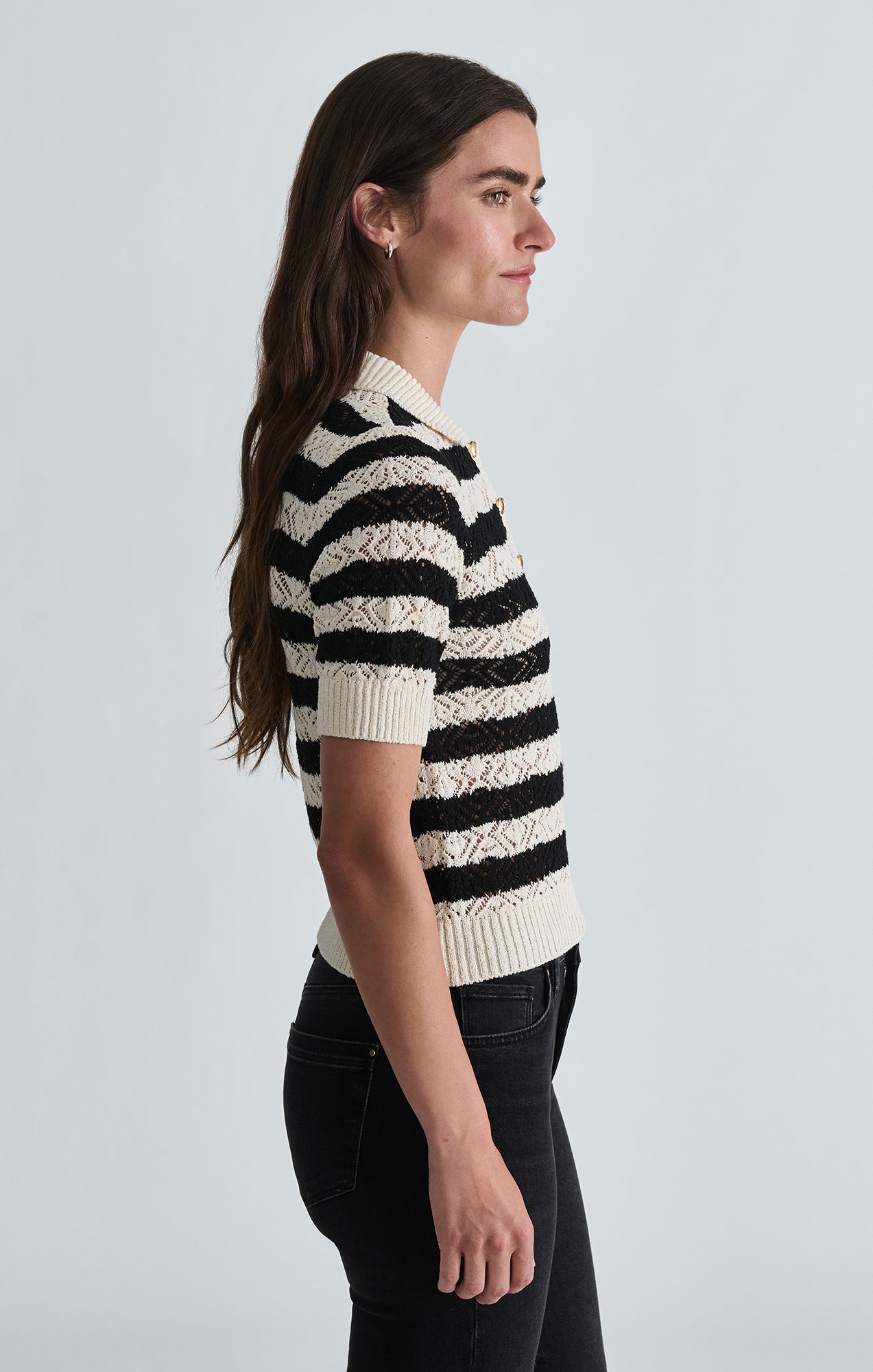SHORT SLEEVE POLO SWEATER IN BLACK STRIPED - Mavi Jeans