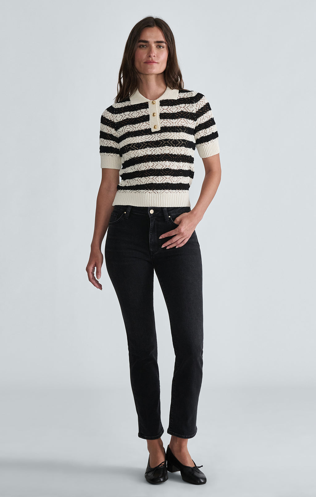 SHORT SLEEVE POLO SWEATER IN BLACK STRIPED - Mavi Jeans
