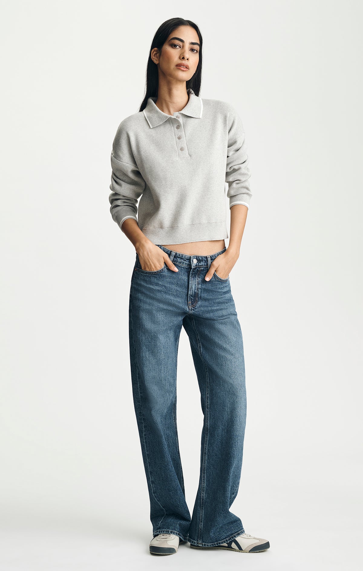 TIPPED POLO SWEATER IN MID GREY MELANGE