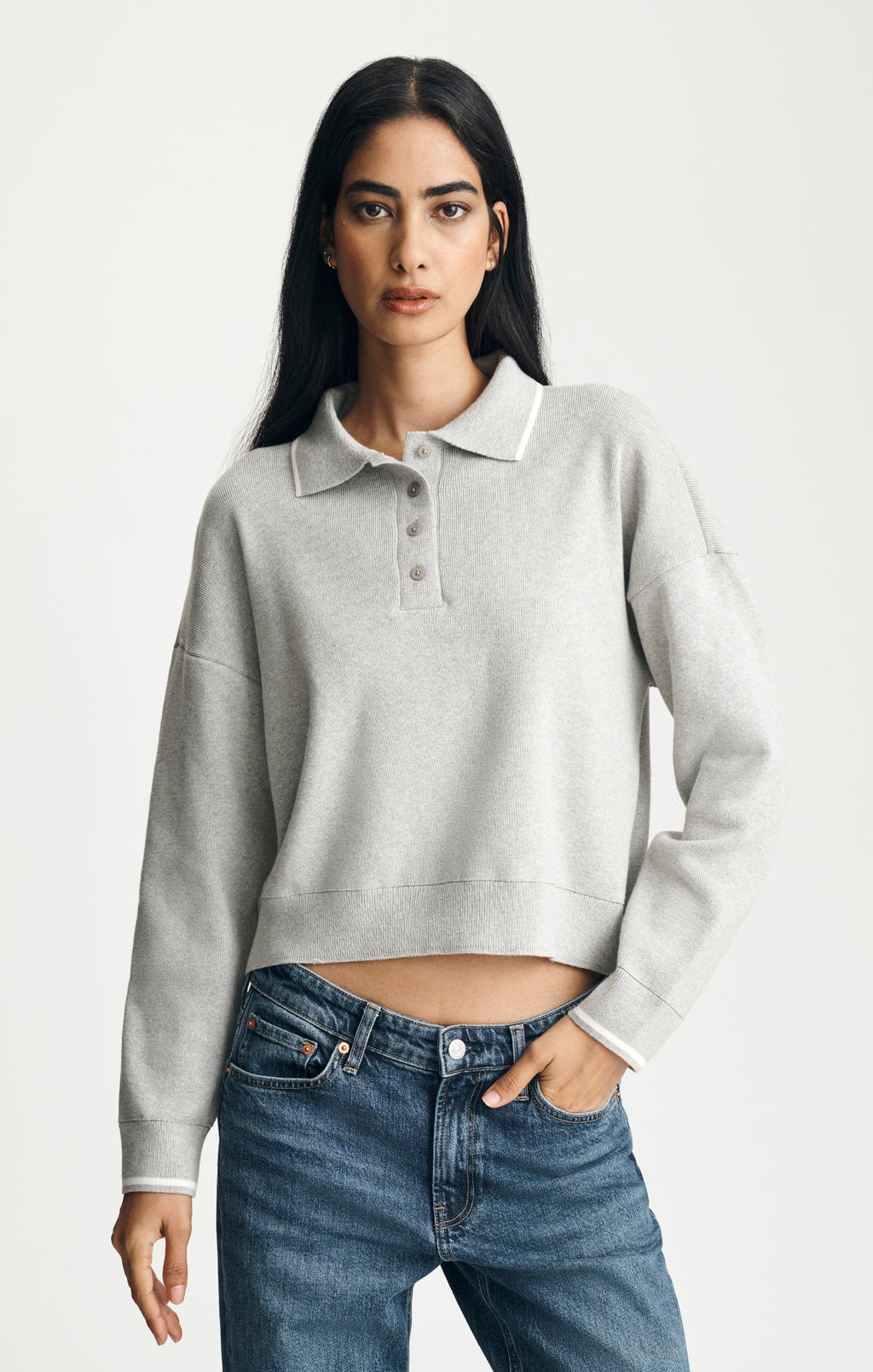 TIPPED POLO SWEATER IN MID GREY MELANGE