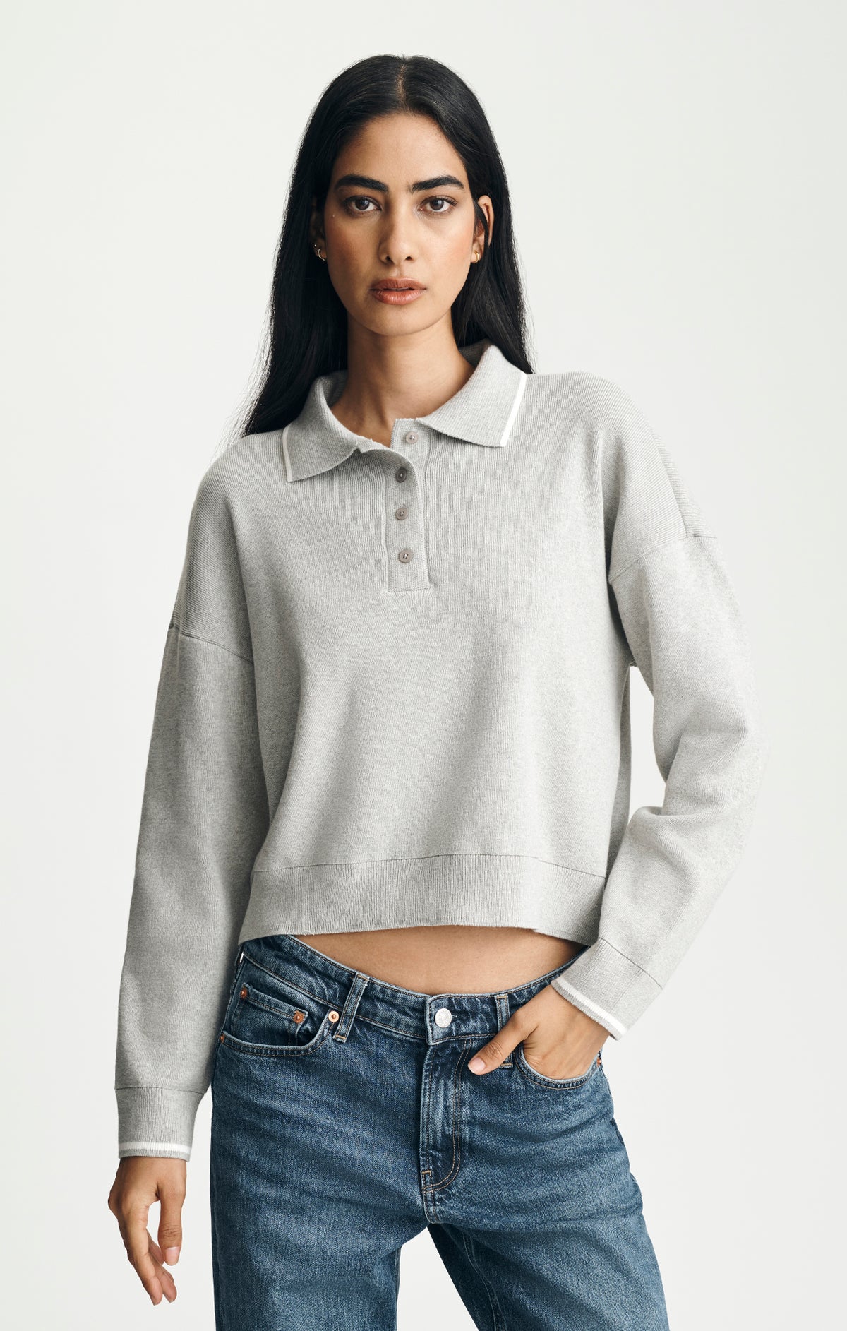 TIPPED POLO SWEATER IN MID GREY MELANGE