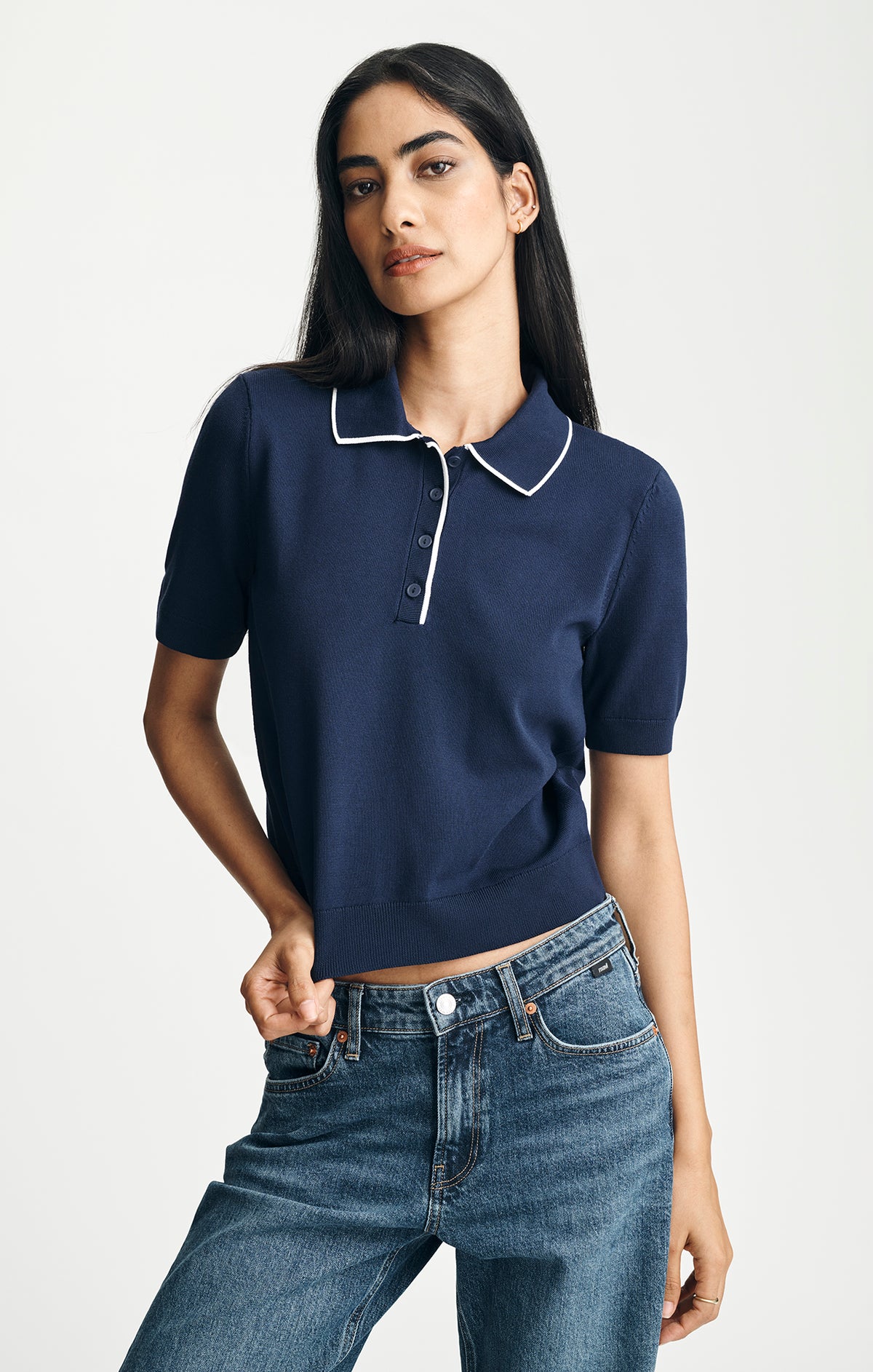 TRICOT SHORT SLEEVE POLO SWEATER IN MARITIME BLUE - Mavi Jeans