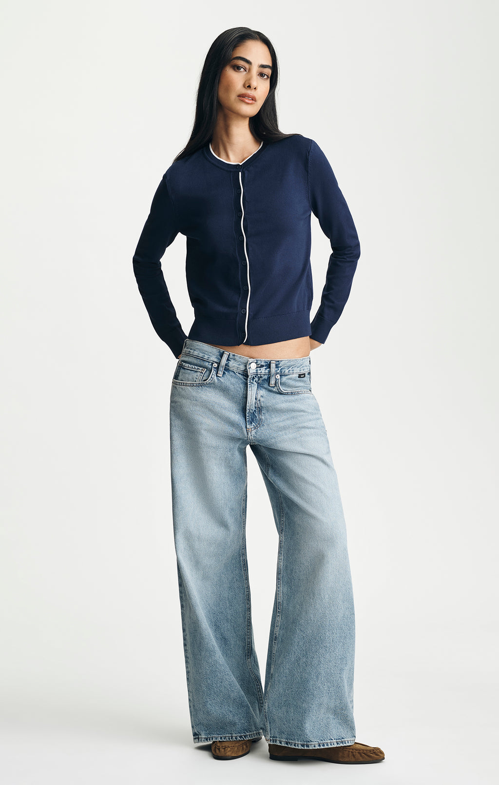 TIPPED CREW NECK CARDIGAN IN MARITIME BLUE - Mavi Jeans