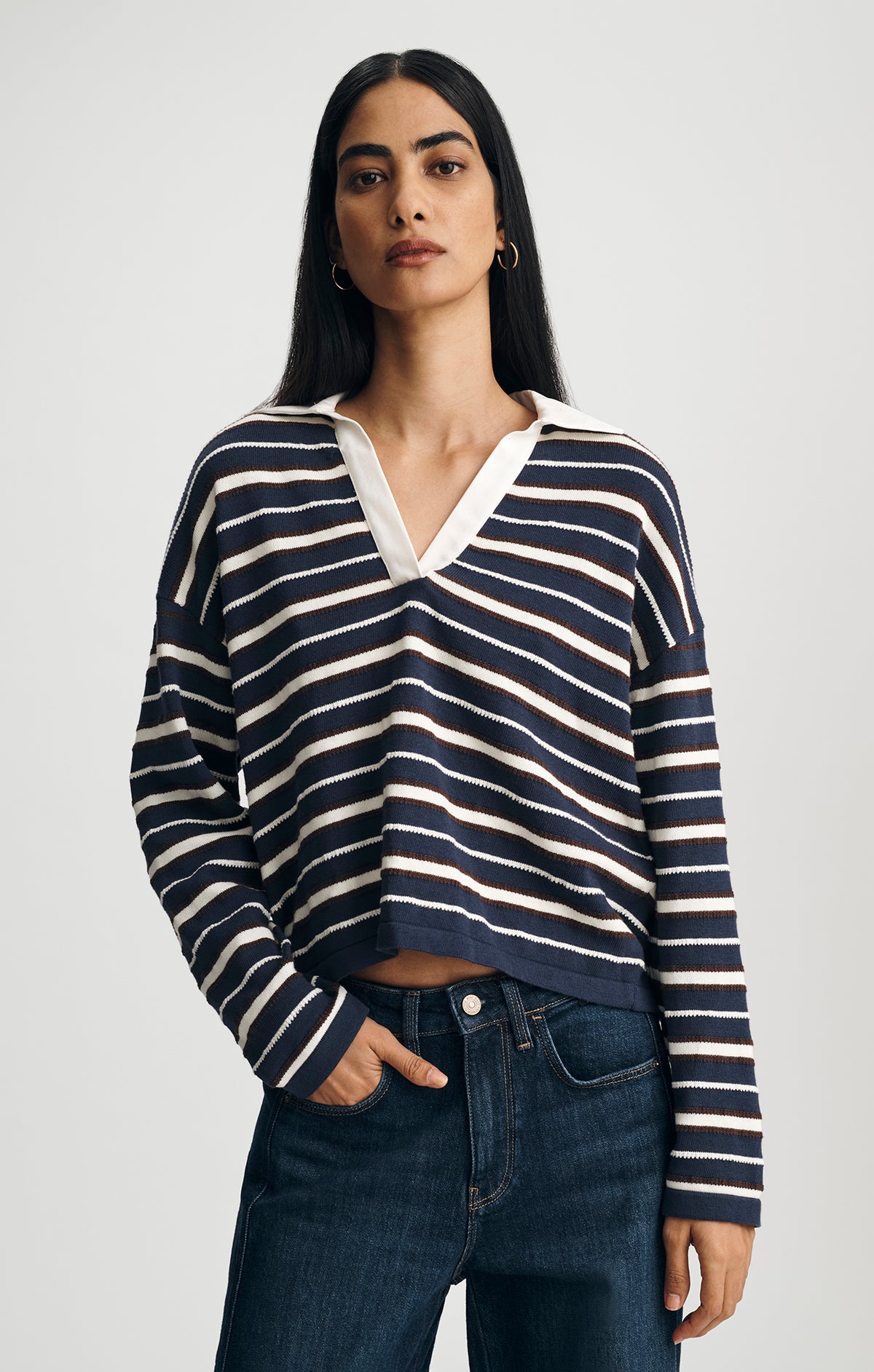 JOHNNY COLLAR POLO SWEATER IN PEACOAT STRIPE - Mavi Jeans