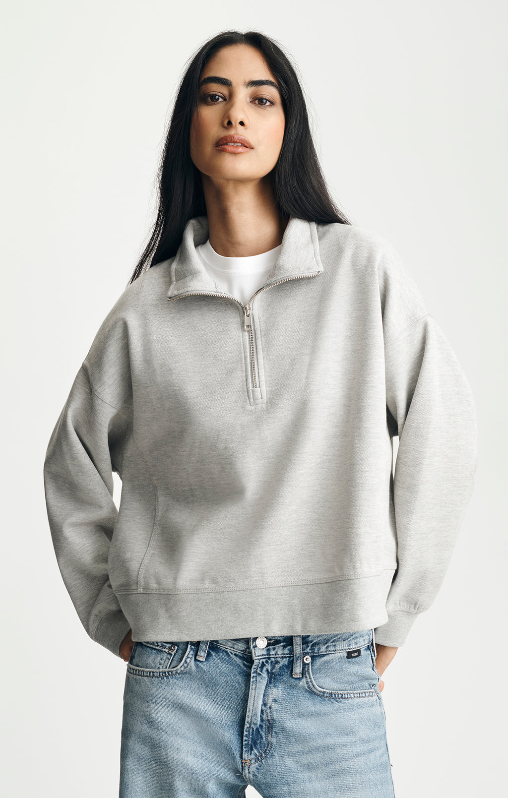 HALF ZIP SWEATSHIRT IN MID GREY MELANGE - Mavi Jeans