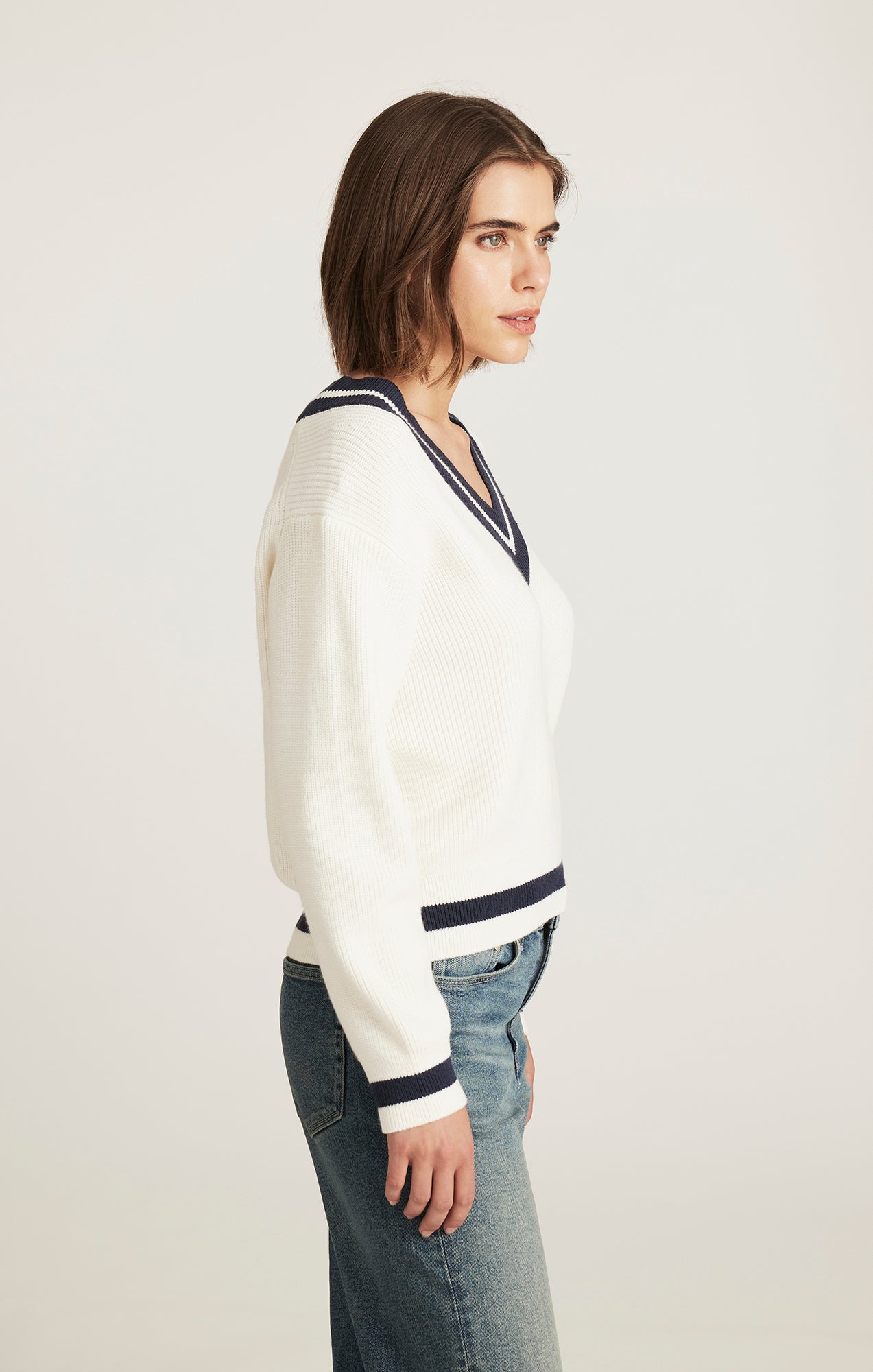 VARSITY V-NECK SWEATER IN ANTIQUE WHITE
