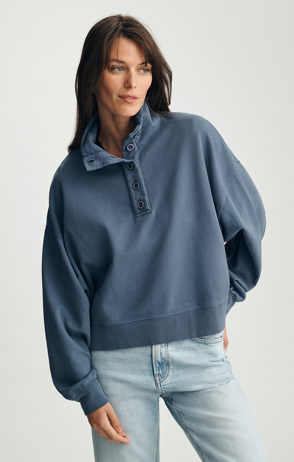 BUTTON-UP FUNNEL NECK SWEATSHIRT IN BLUE INDIGO - Mavi Jeans