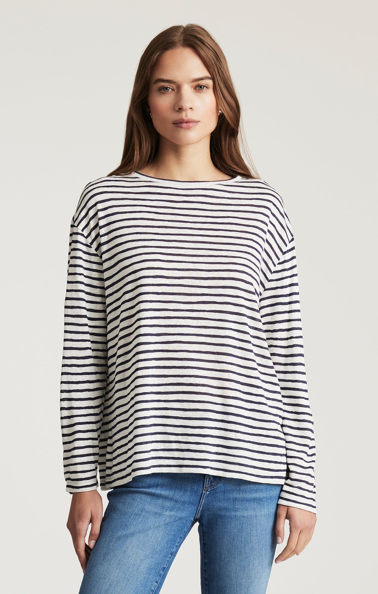 BOAT NECK LONG SLEEVE T-SHIRT IN NAVY BLAZER STRIPE