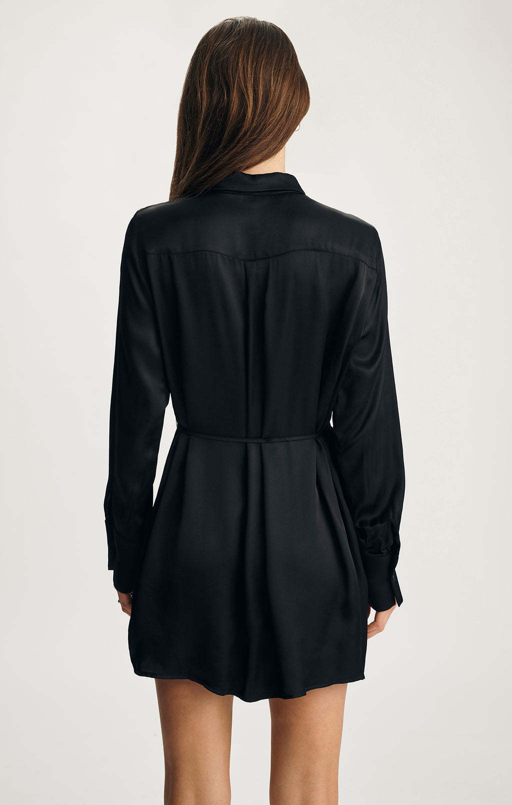 SATIN BUTTON-FRONT MINI DRESS IN BLACK