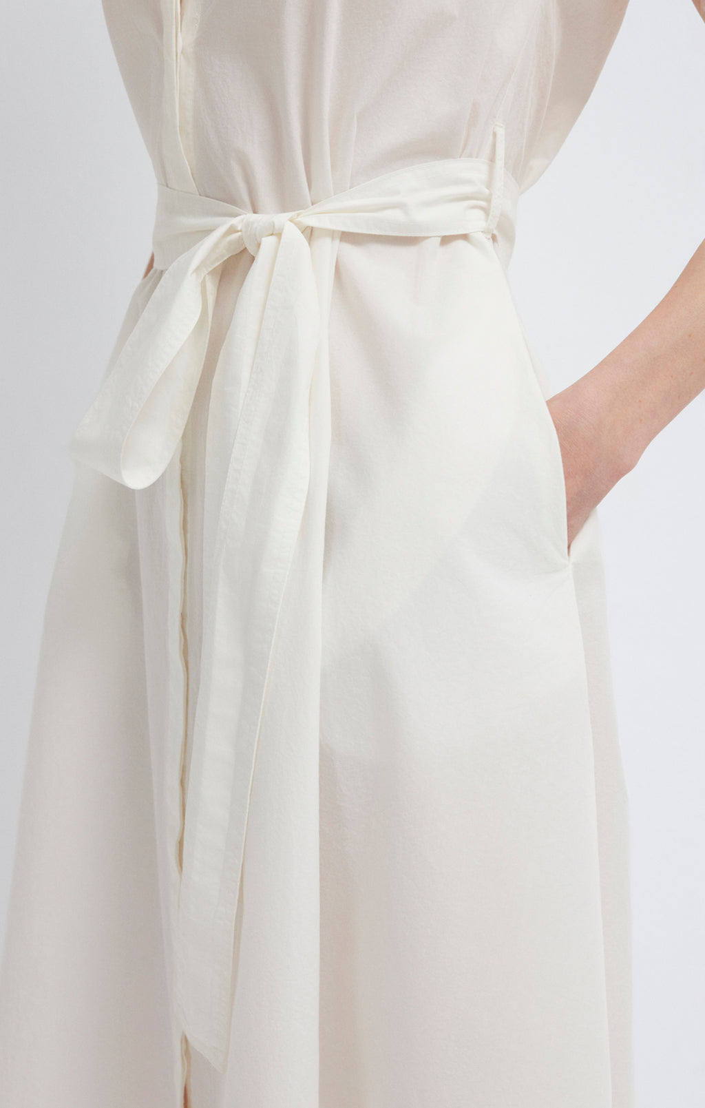 TIE-WAIST MIDI SHIRTDRESS IN ANTIQUE WHITE