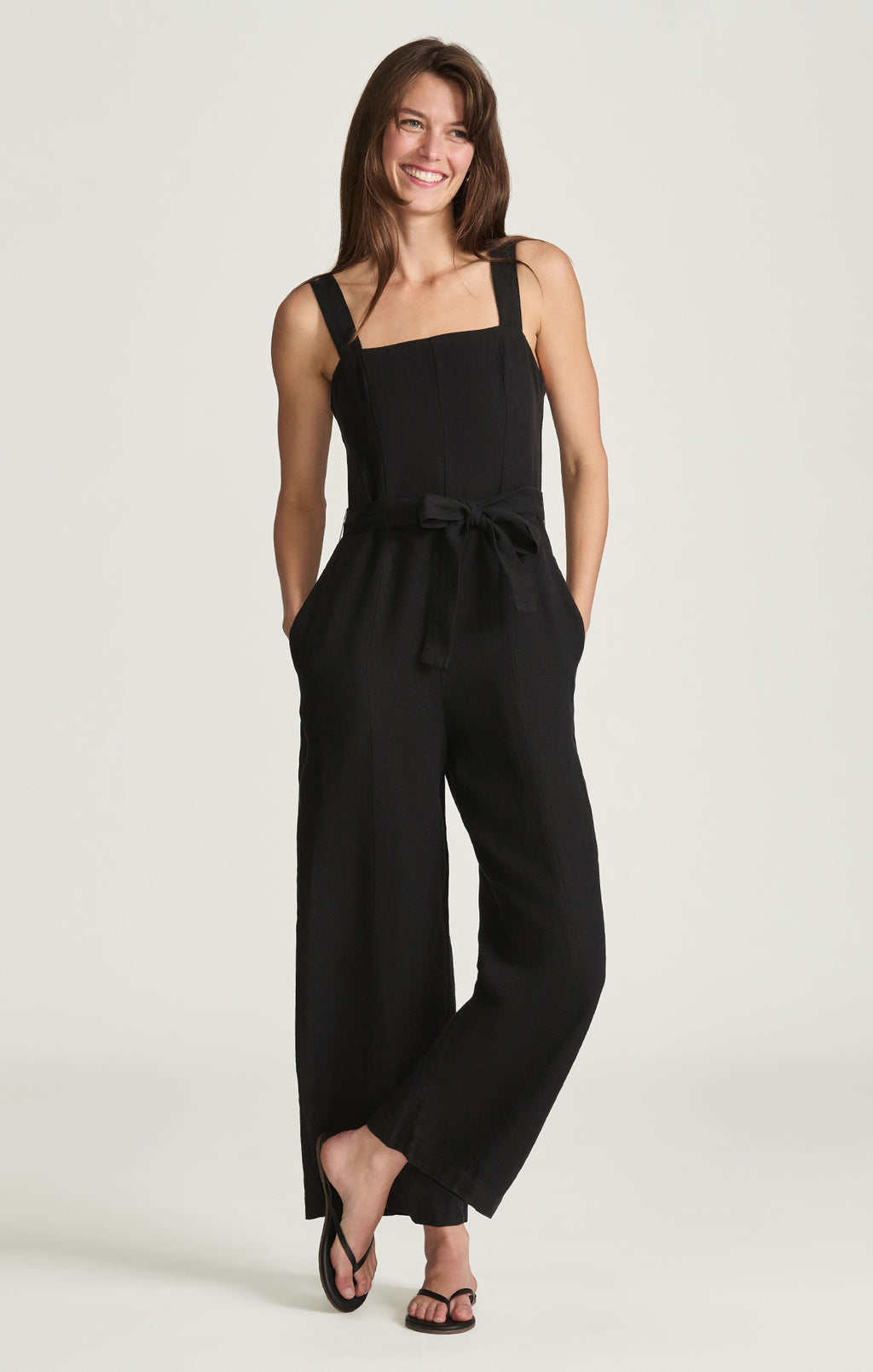 LINEN TIE-WAIST WIDE LEG JUMPSUIT IN BLACK - Mavi Jeans