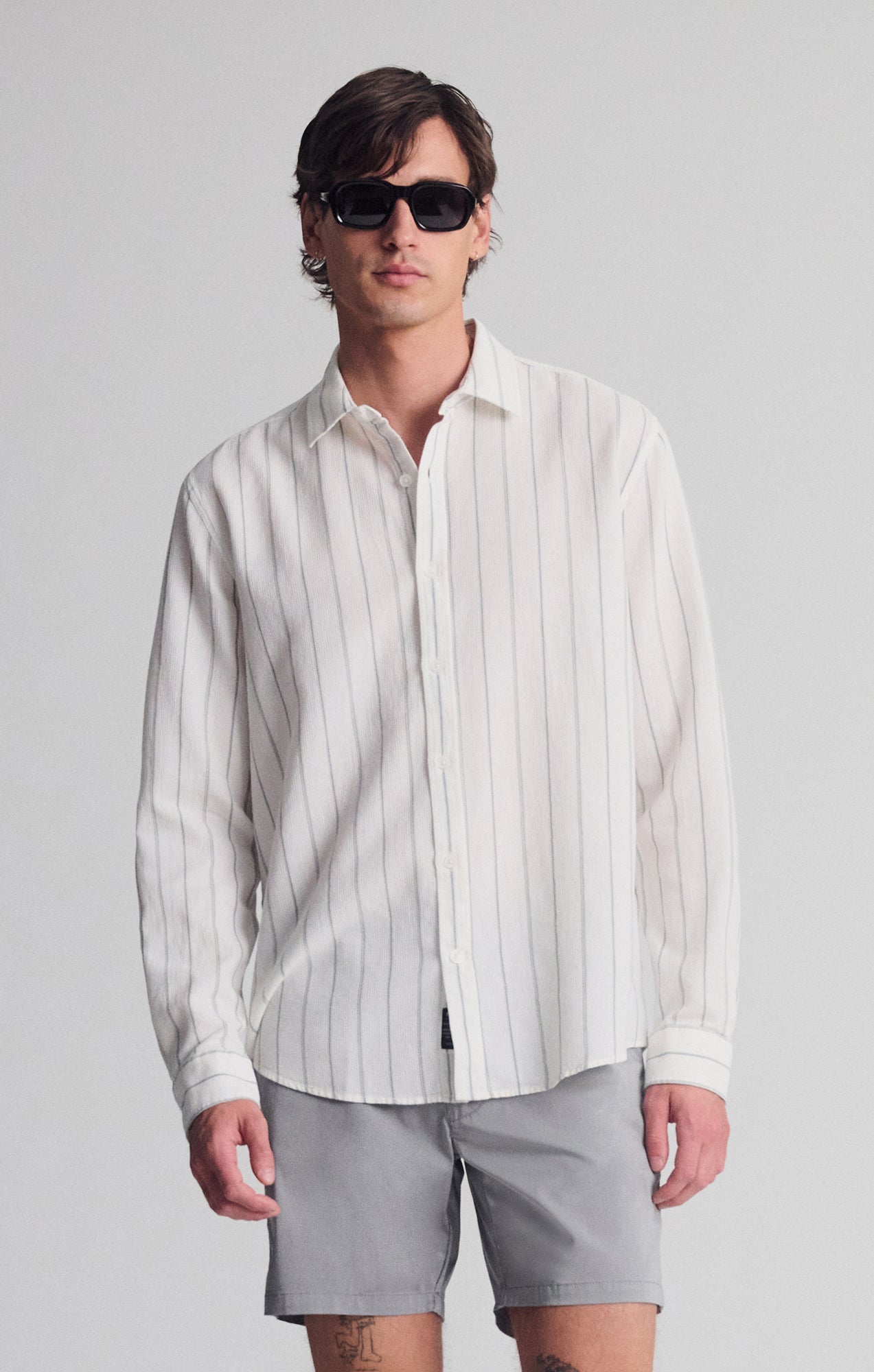 STRIPED LONG SLEEVE BUTTON-UP SHIRT IN AGAVE GREEN - Mavi Jeans