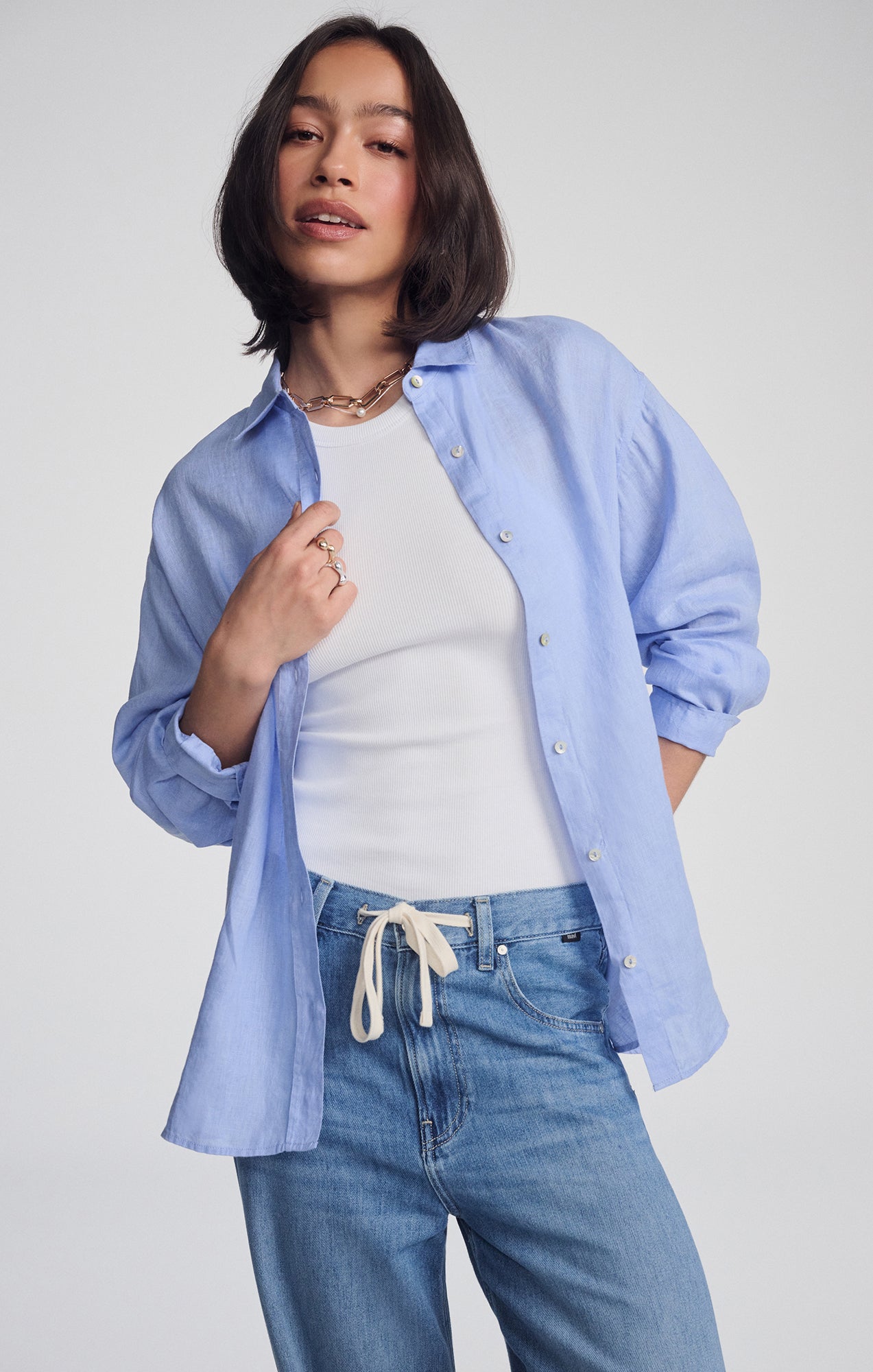 LINEN BUTTON-UP SHIRT IN BLUE HERON - Mavi Jeans