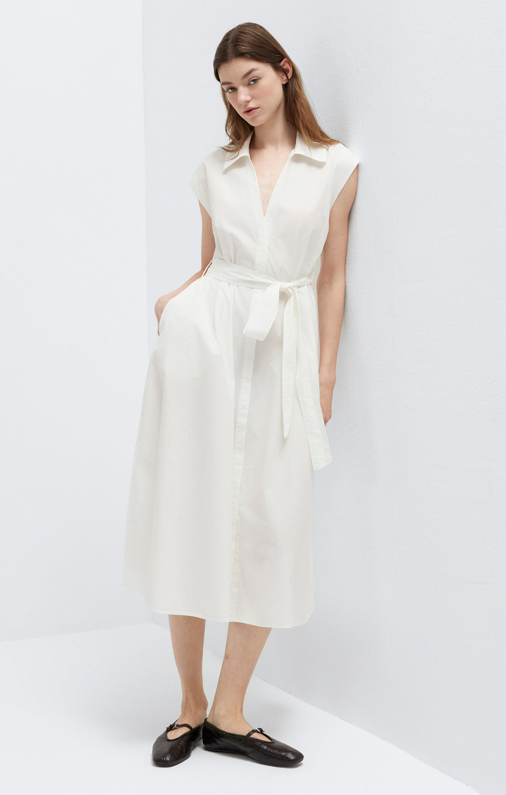 TIE-WAIST MIDI SHIRTDRESS IN ANTIQUE WHITE