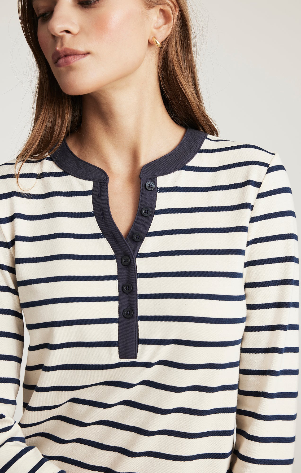 Mavi Women's Henley Quarter Sleeve T-Shirt In Navy Blazer Stripe
