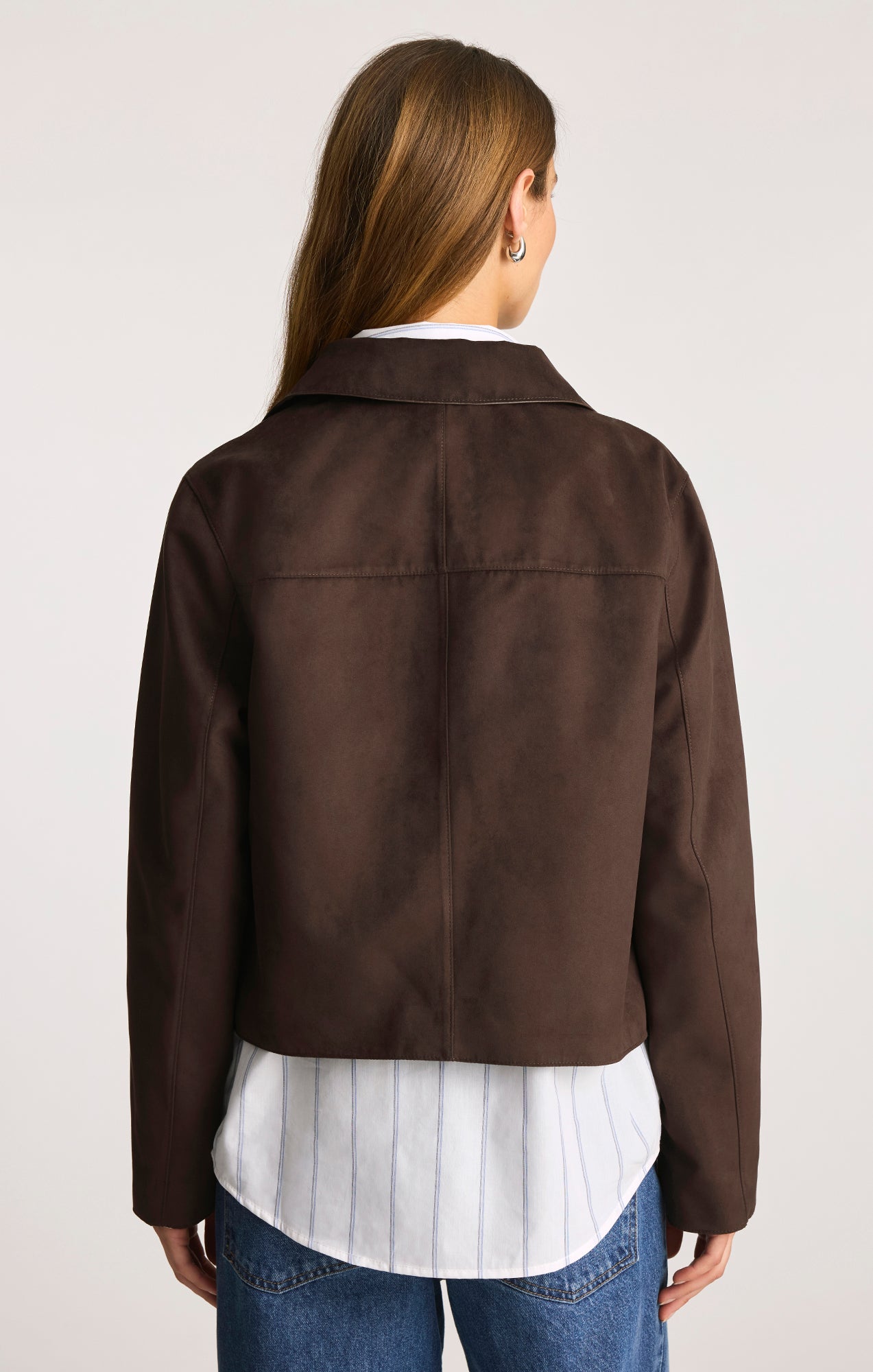 FAUX SUEDE CROPPED JACKET IN BLACK COFFEE