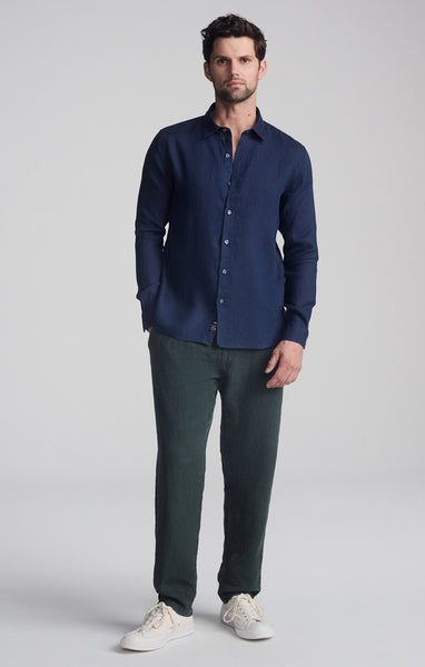 LINEN WASH CACHE シャツ　サックスブルー Mavi Men's Linen Long Sleeve Button-Up Shirt In Black Iris