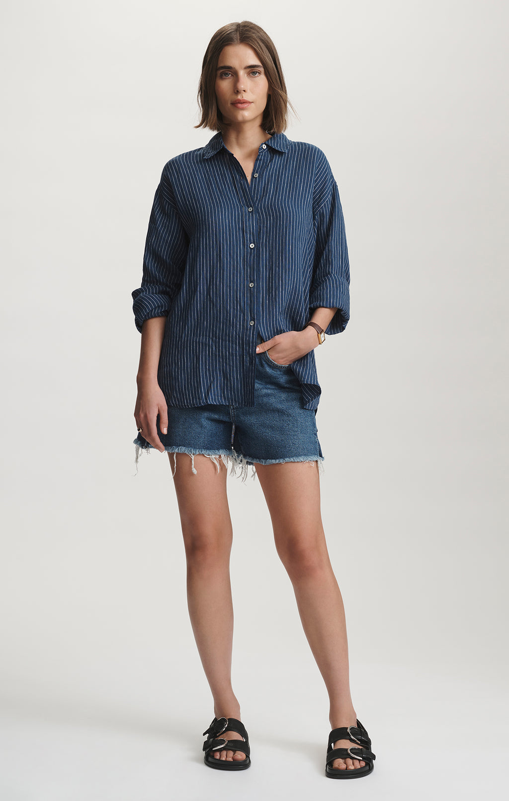 LINEN LONG SLEEVE BUTTON-UP SHIRT IN NAVY STRIPE - Mavi Jeans