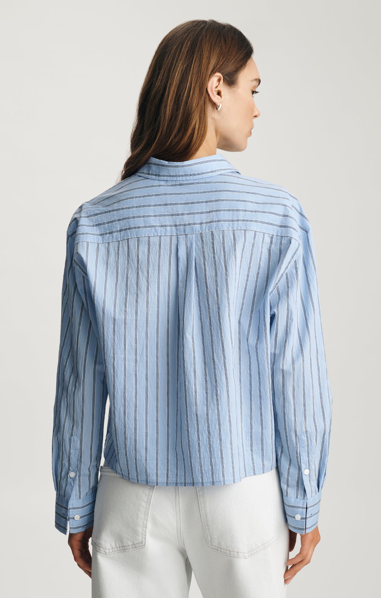 Mavi Women's Cropped One Pocket Button-Up Shirt In Blue Striped