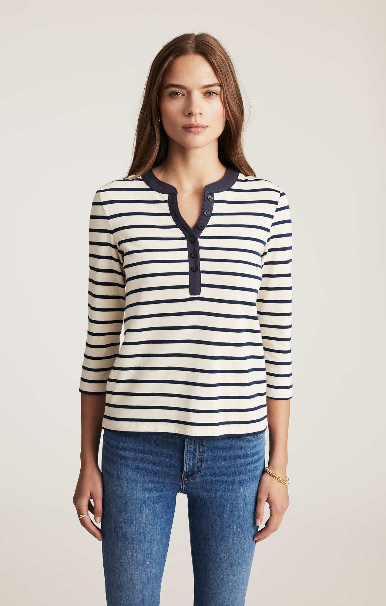 emm the shop 丸襟(black) emm petit marueri Mavi Women's Henley Quarter Sleeve T-Shirt In Navy Blazer Stripe