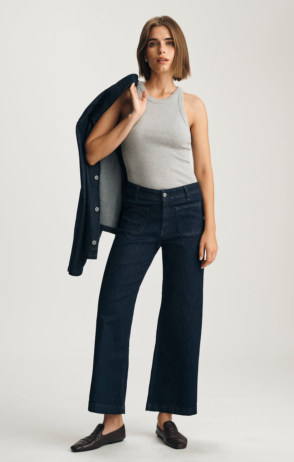 STELLA RIBBED HIGH NECK TANK TOP IN LIGHT GREY MELANGE