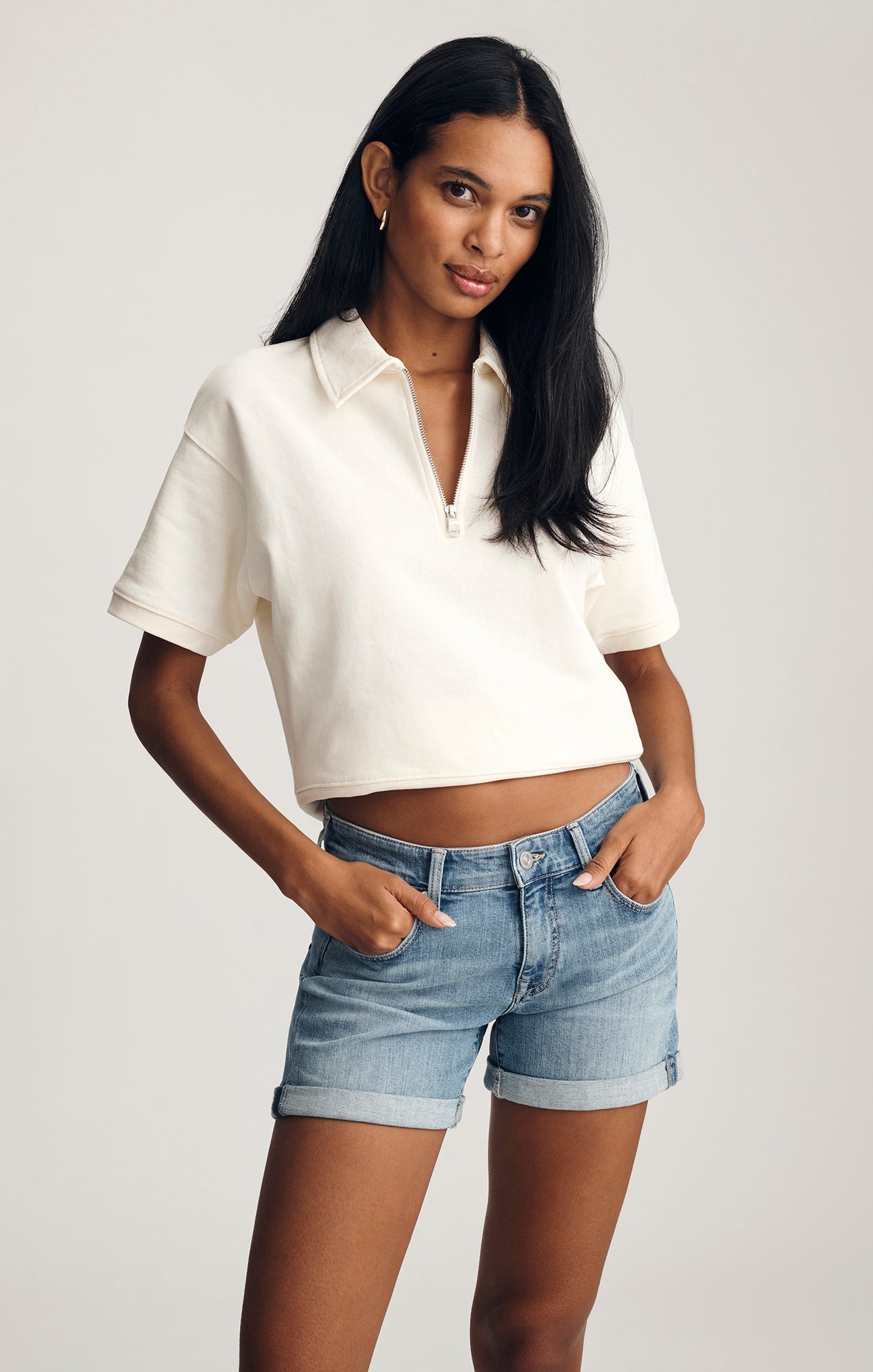 Mavi Women's Half Zip Short Sleeve Sweatshirt In Whisper White