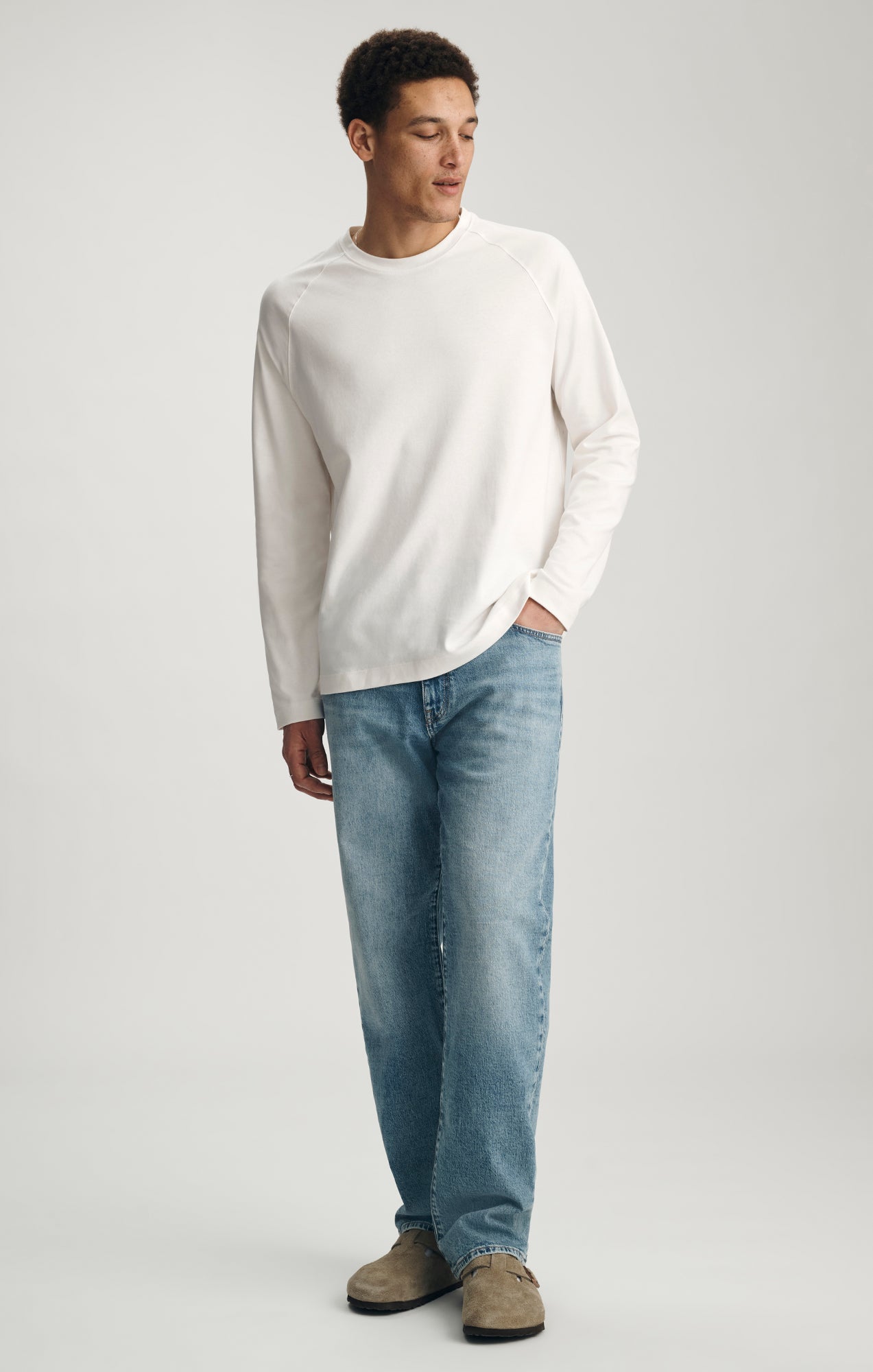 INTERLOCK LONG SLEEVE CREW NECK T-SHIRT IN ANTIQUE WHITE - Mavi Jeans