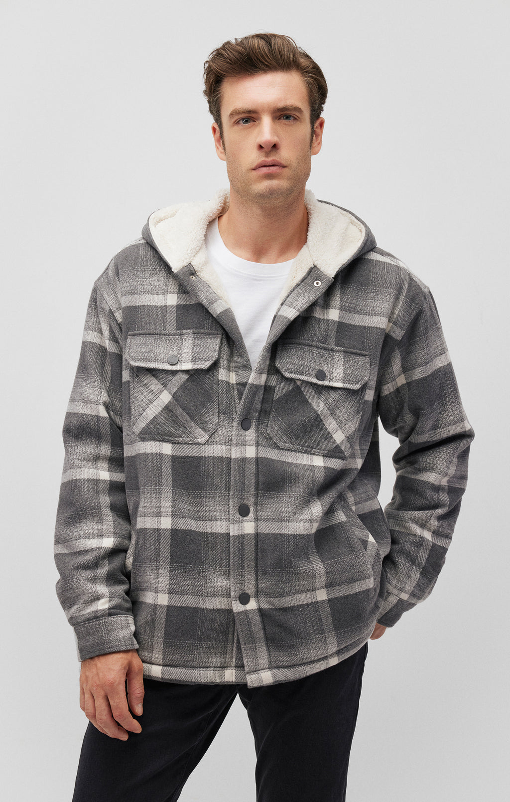PLAID HOODED SHACKET IN BLACK CHECK - Mavi Jeans