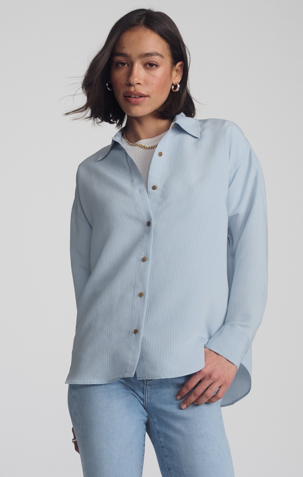 LUXE TOUCH TENCEL™ BUTTON-UP STRIPED SHIRT IN AIR BLUE STRIPE - Mavi Jeans