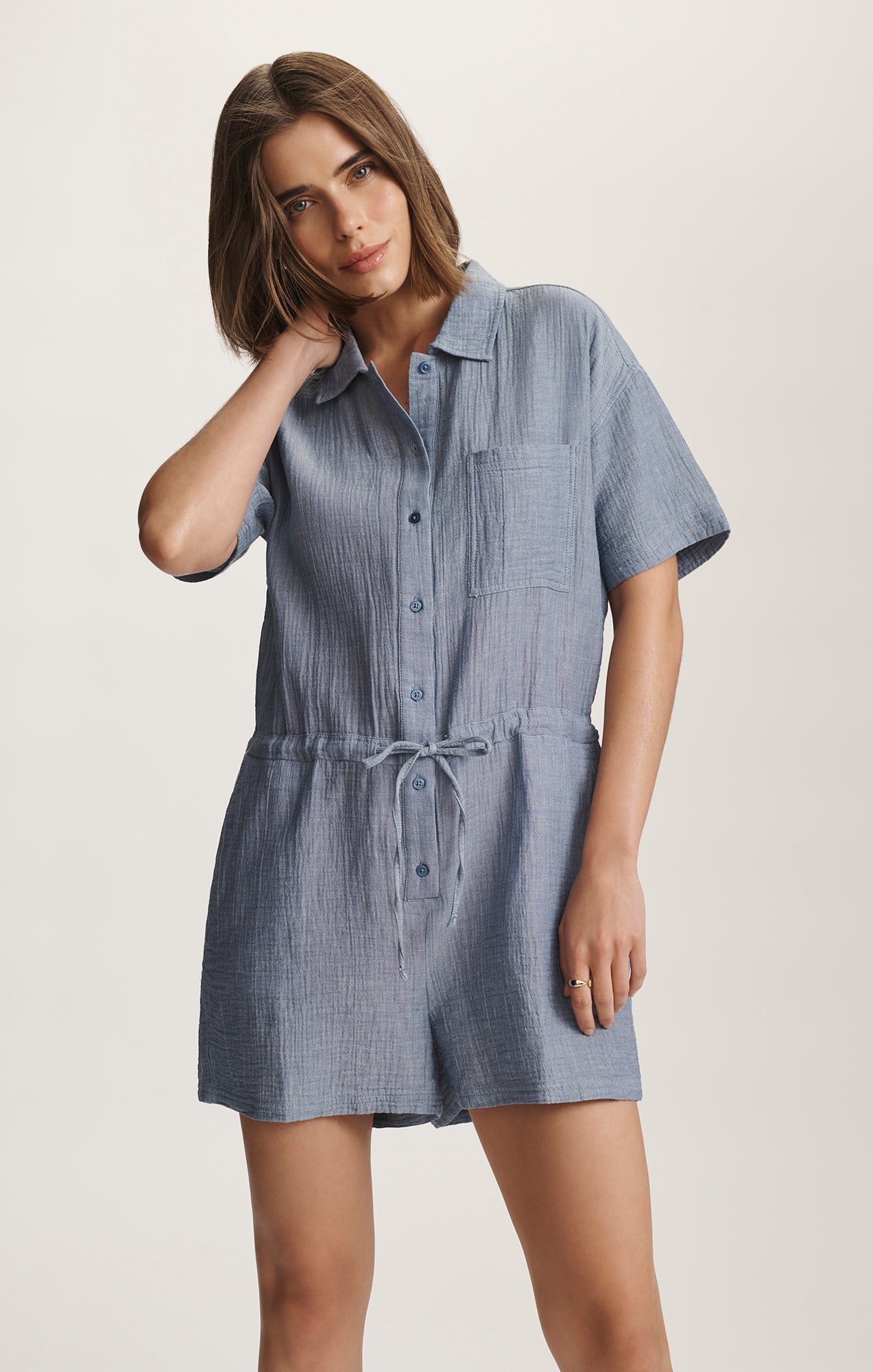 CINCHED WAIST ROMPER IN LIGHT CHAMBRY - Mavi Jeans