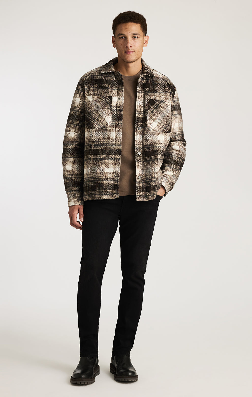 PLAID SHIRT JACKET IN SEAL BROWN CHECK
