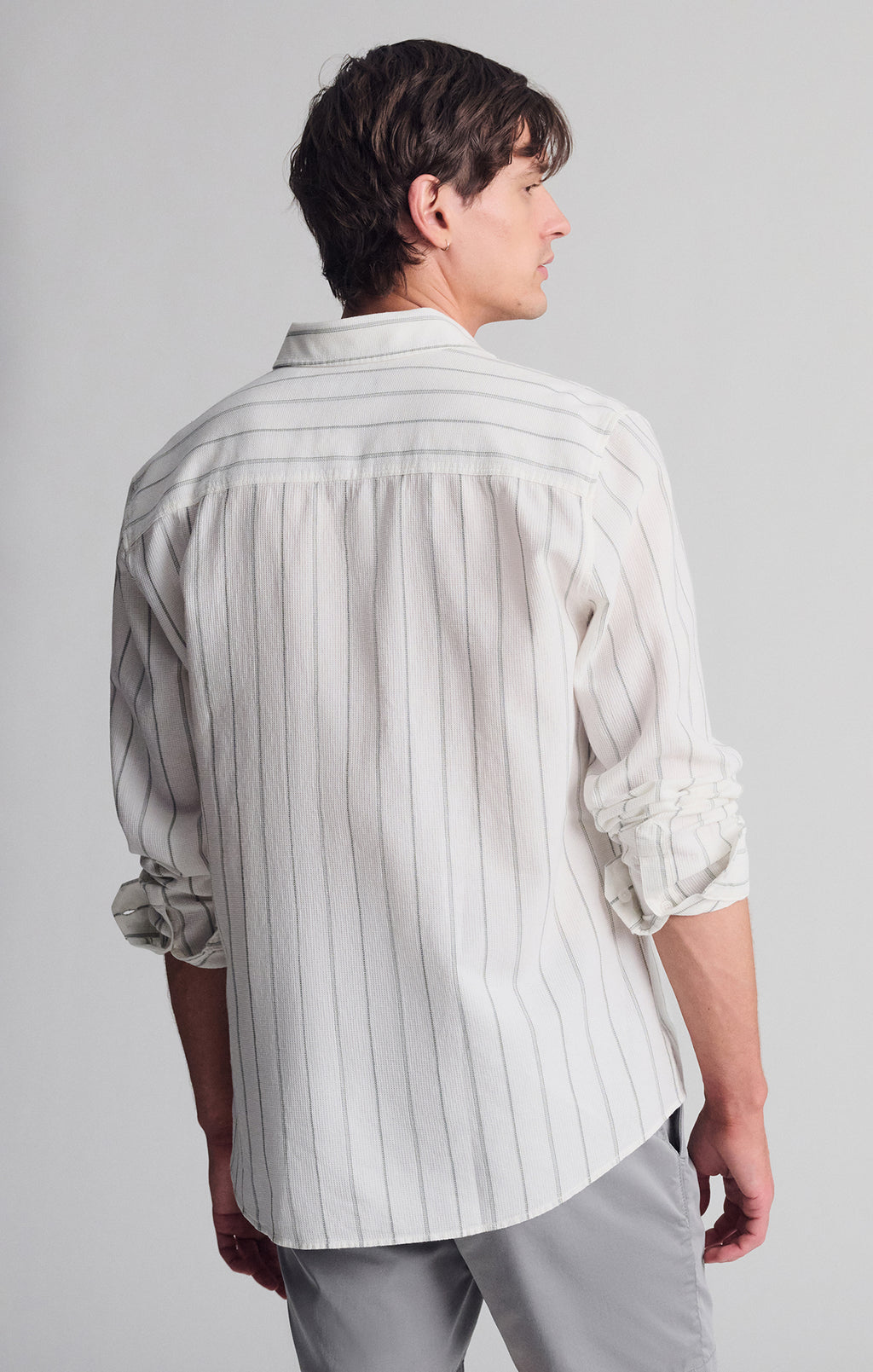 STRIPED LONG SLEEVE BUTTON-UP SHIRT IN AGAVE GREEN - Mavi Jeans