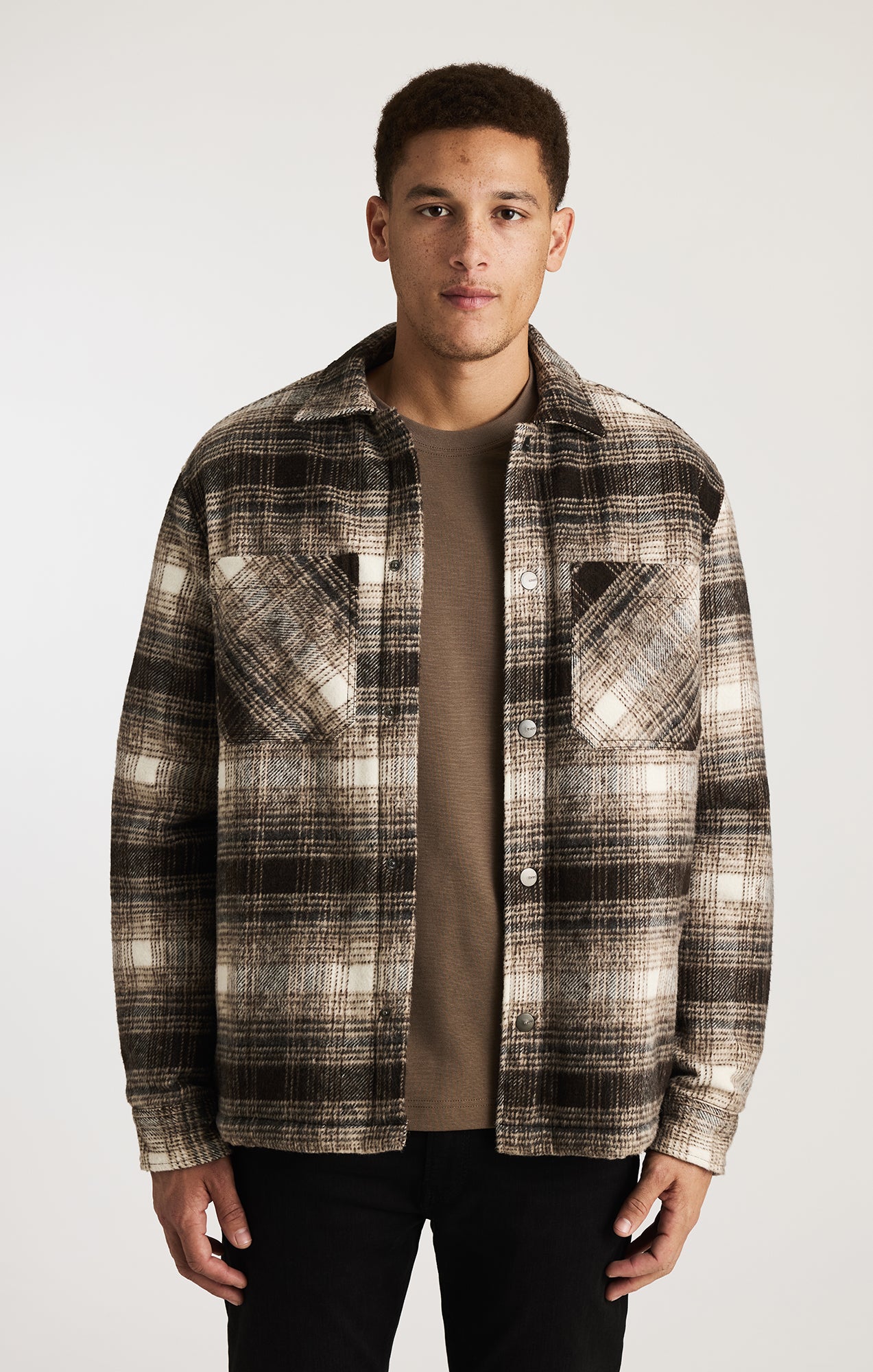 PLAID SHIRT JACKET IN SEAL BROWN CHECK