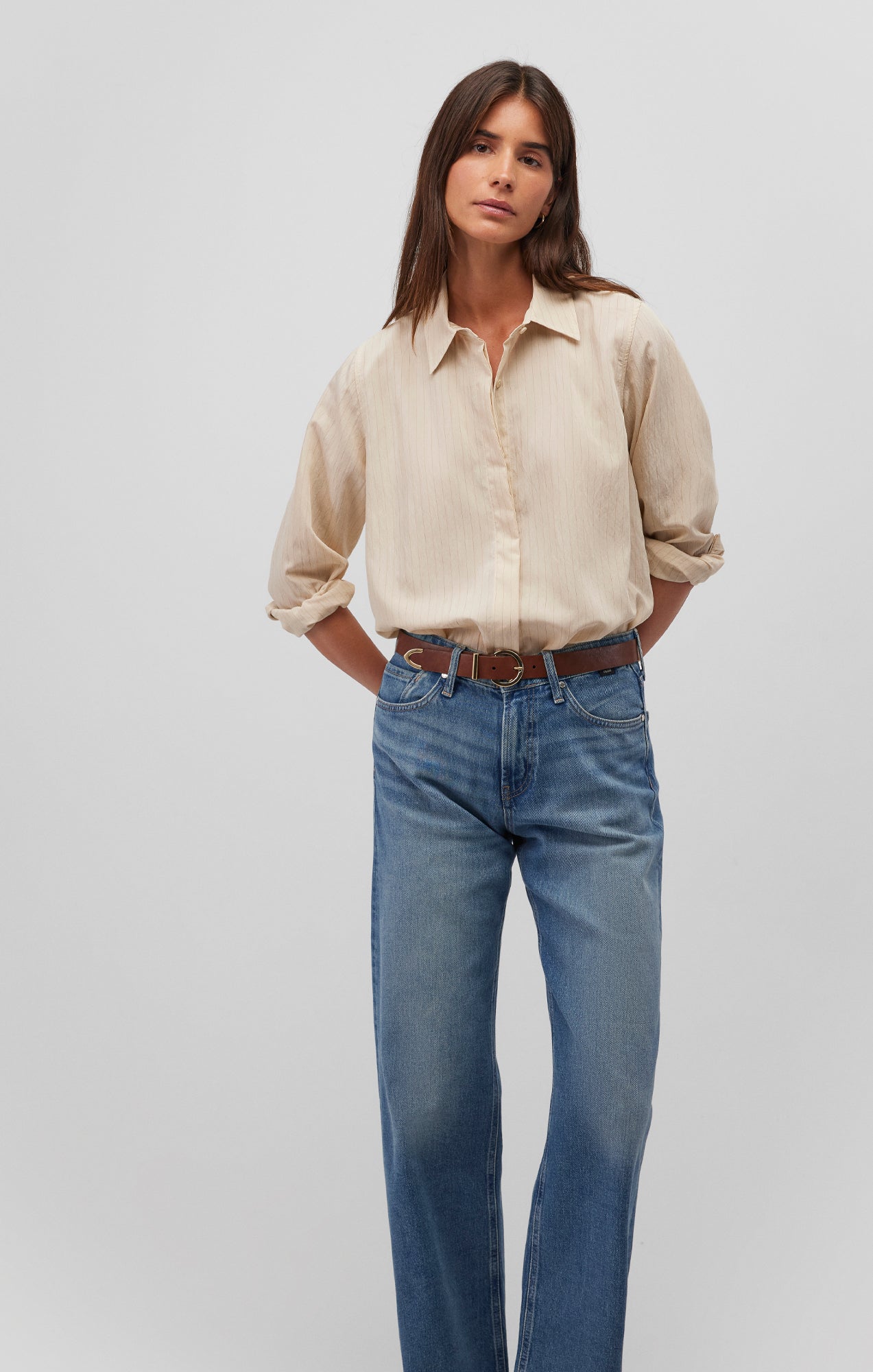 LONG SLEEVE BUTTON-UP SHIRT IN COCONUT MILK STRIPE - Mavi Jeans