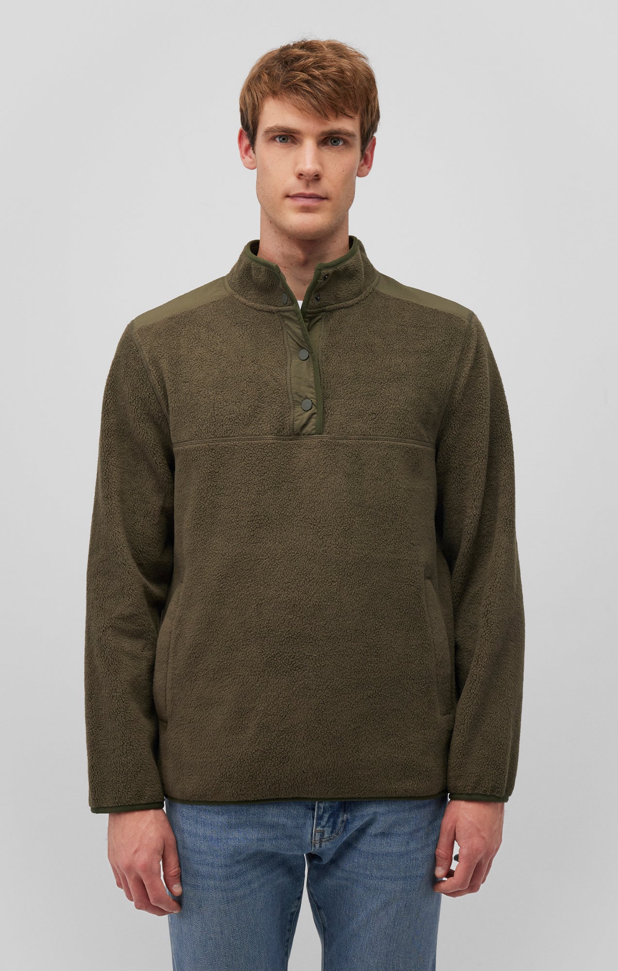 FLEECE BUTTON PULLOVER IN OLIVE NIGHT - Mavi Jeans