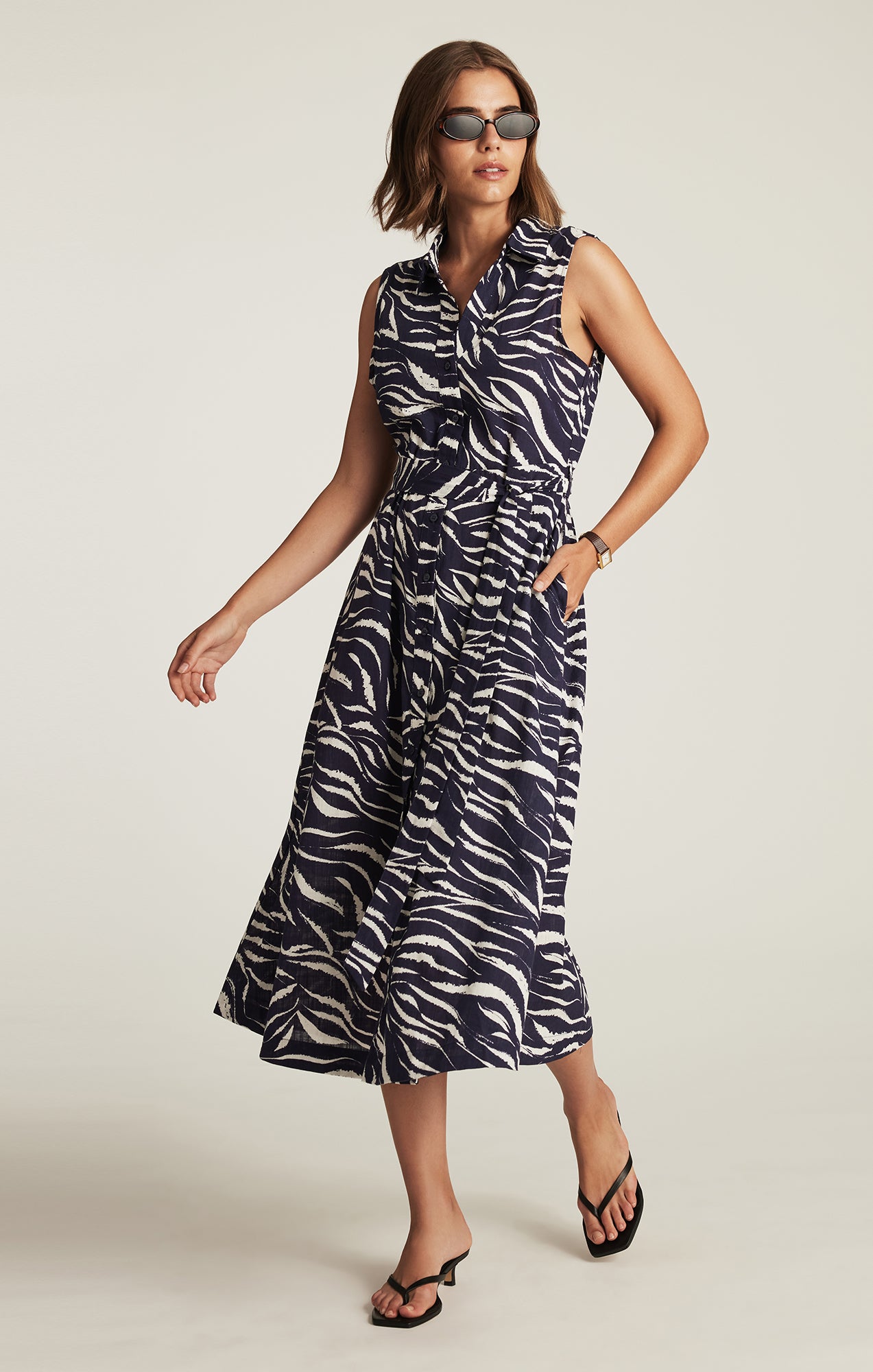 TIE-WAIST MIDI SHIRTDRESS IN DARK NAVY ZEBRA PRINT