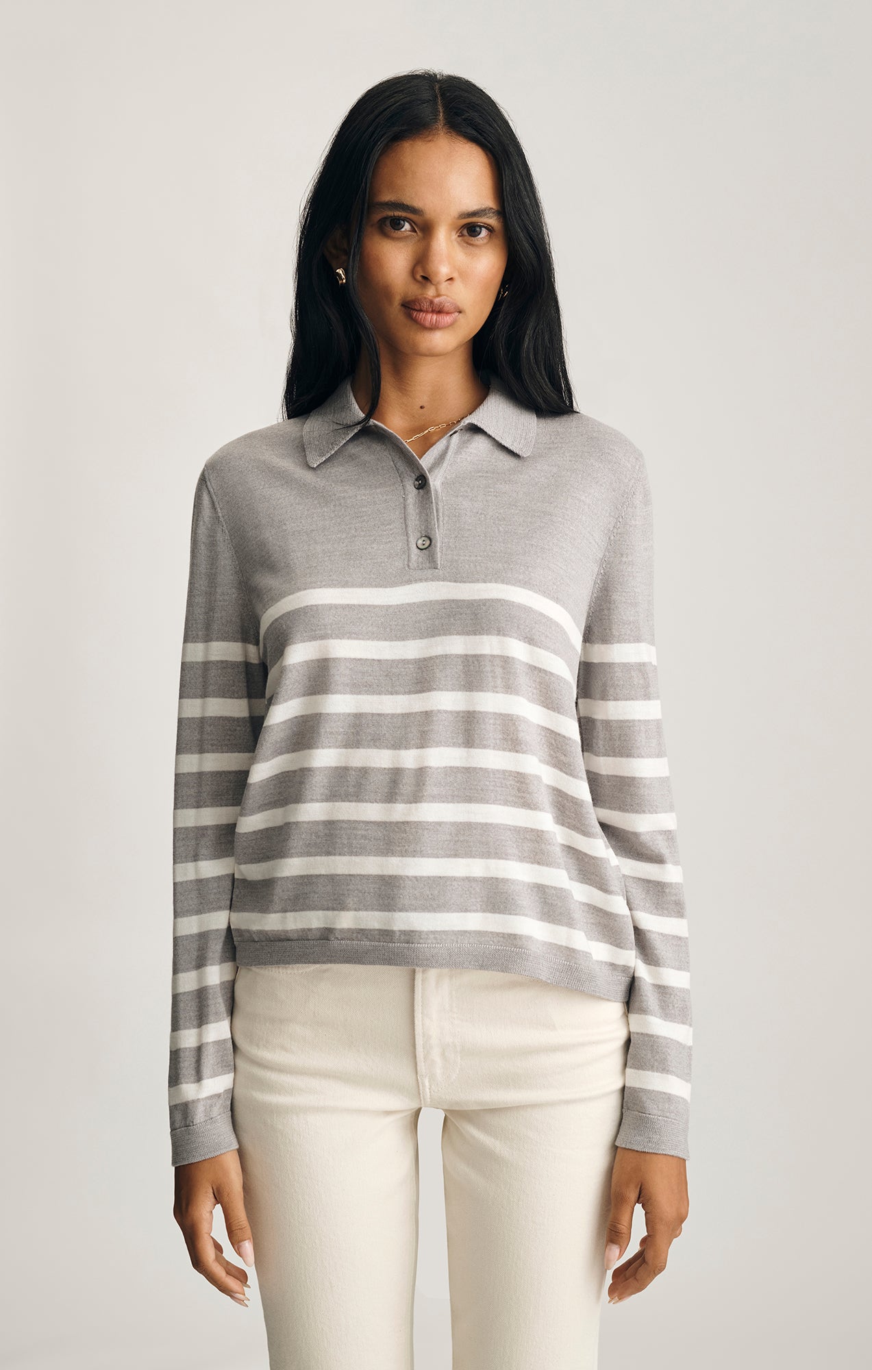 EDITION WOOL POLO SWEATER IN LIGHT GREY MELANGE STRIPE