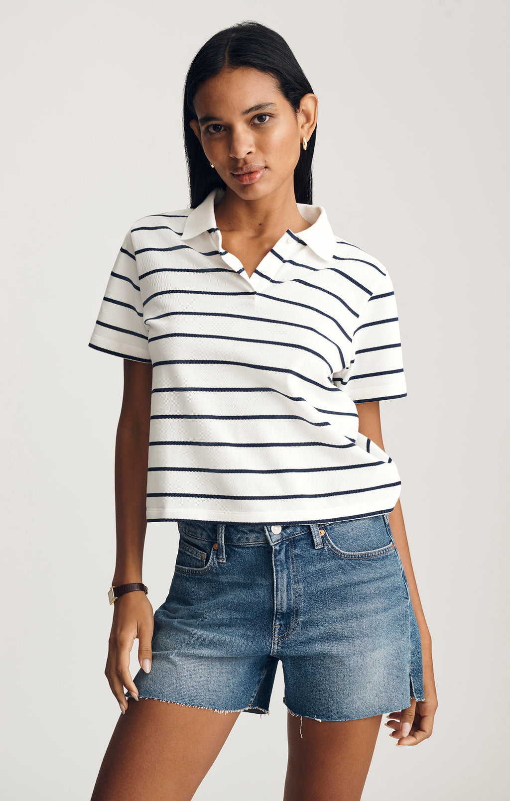 CROPPED POLO T-SHIRT IN BLACK IRISH STRIPE - Mavi Jeans