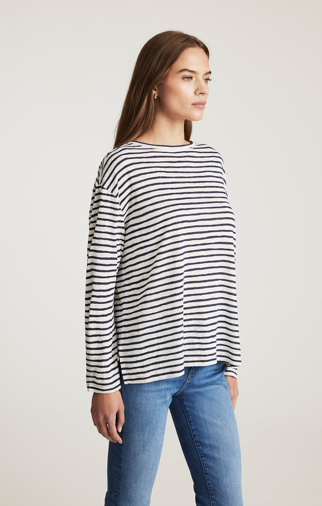 BOAT NECK LONG SLEEVE T-SHIRT IN NAVY BLAZER STRIPE