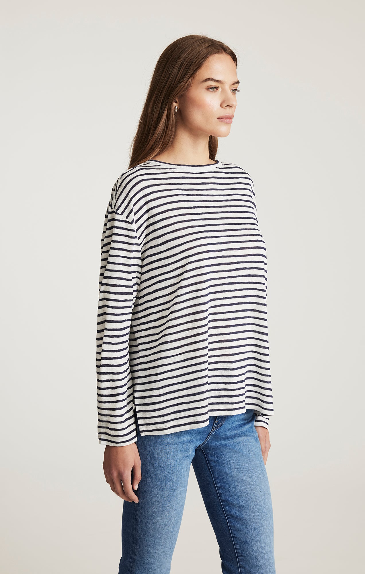 BOAT NECK LONG SLEEVE T-SHIRT IN NAVY BLAZER STRIPE