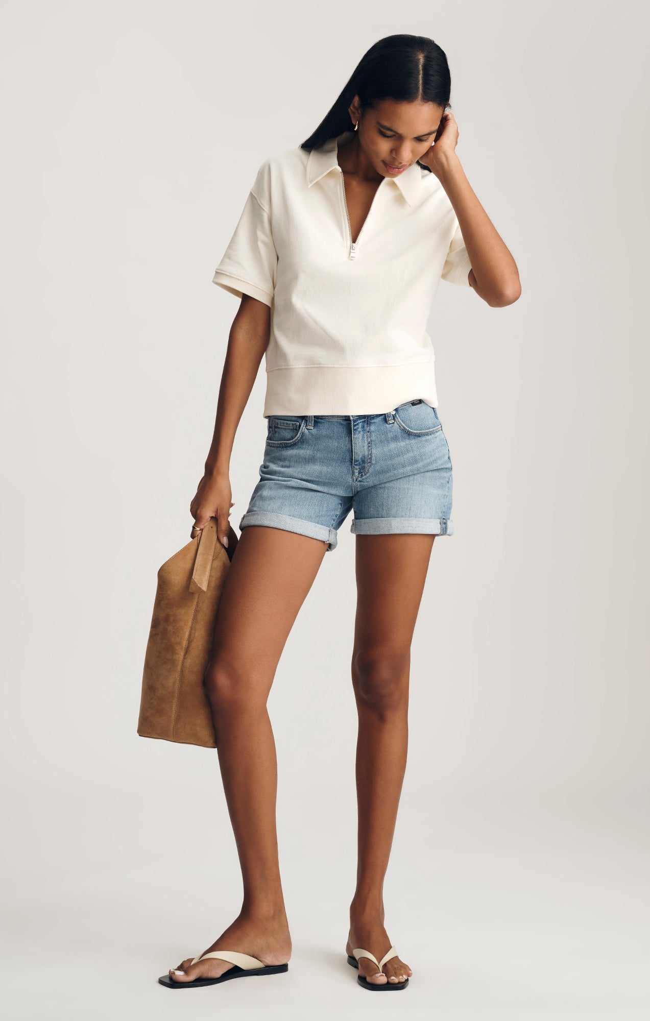 Mavi Women's Half Zip Short Sleeve Sweatshirt In Whisper White