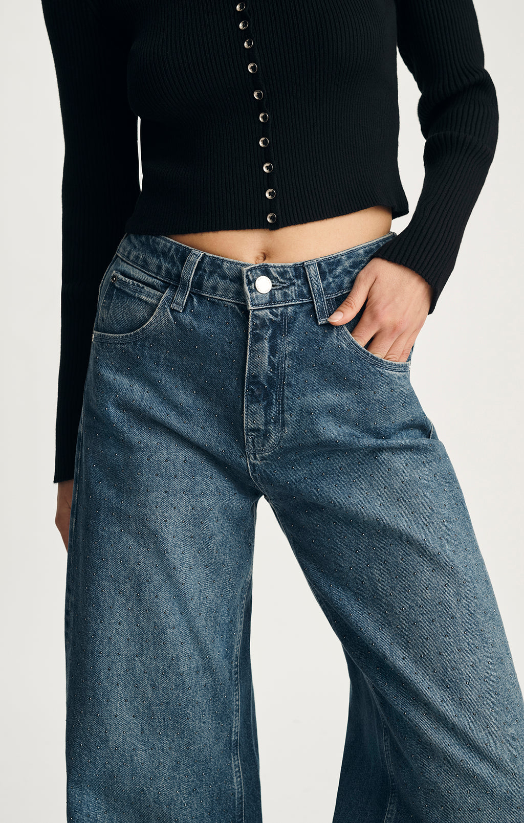 SIENA WIDE LEG IN MID BLUE EMBELLISHED DENIM