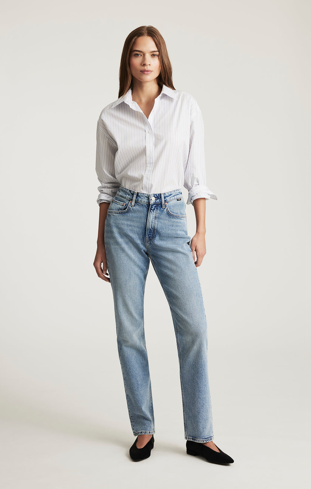 LONG SLEEVE BUTTON-UP SHIRT IN BLUE GREY STRIPE