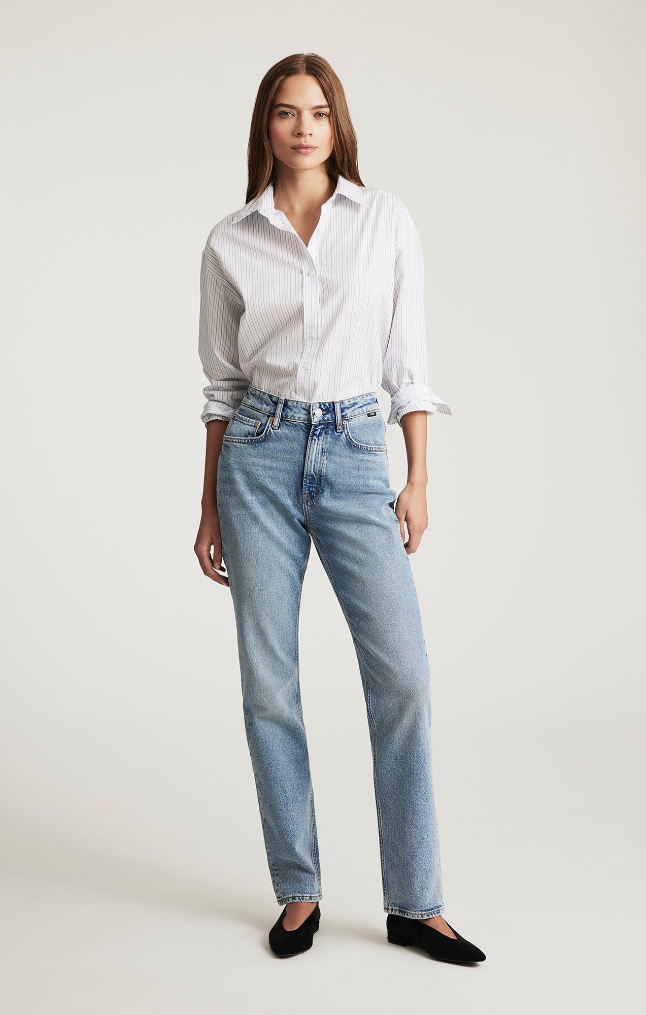 LONG SLEEVE BUTTON-UP SHIRT IN BLUE GREY STRIPE