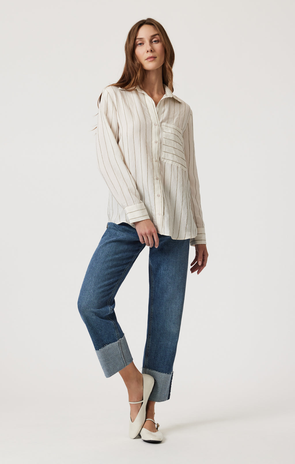 POCKET LONG SLEEVE SHIRT IN KHAKI STRIPE - Mavi Jeans