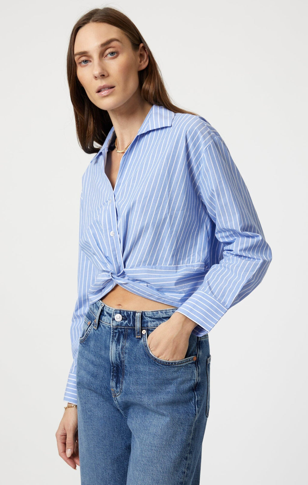 KNOT FRONT LONG SLEEVE SHIRT IN BLUE STRIPED - Mavi Jeans