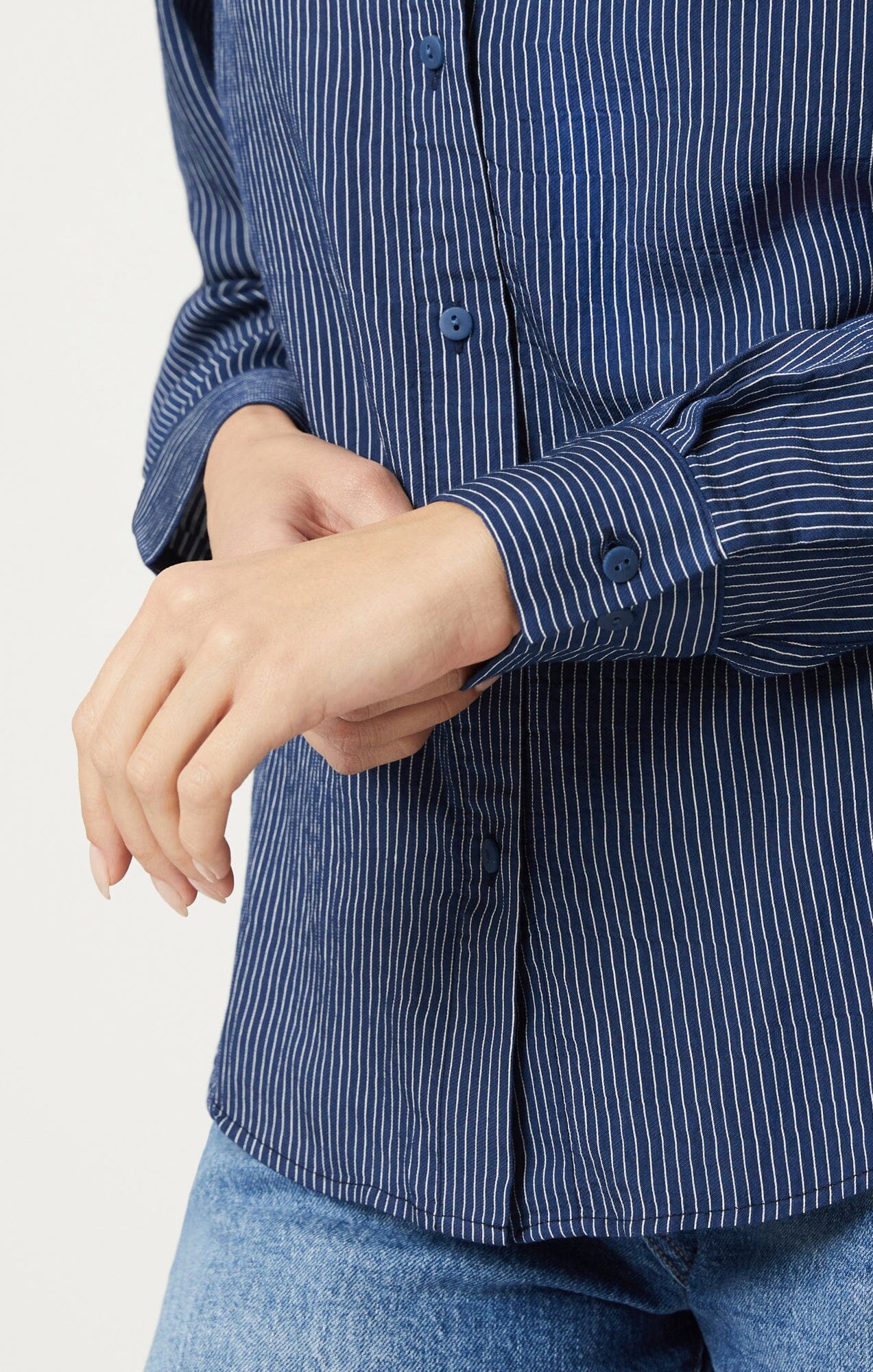 Mavi Women's Button-Down Long Sleeve Shirt In Navy Striped