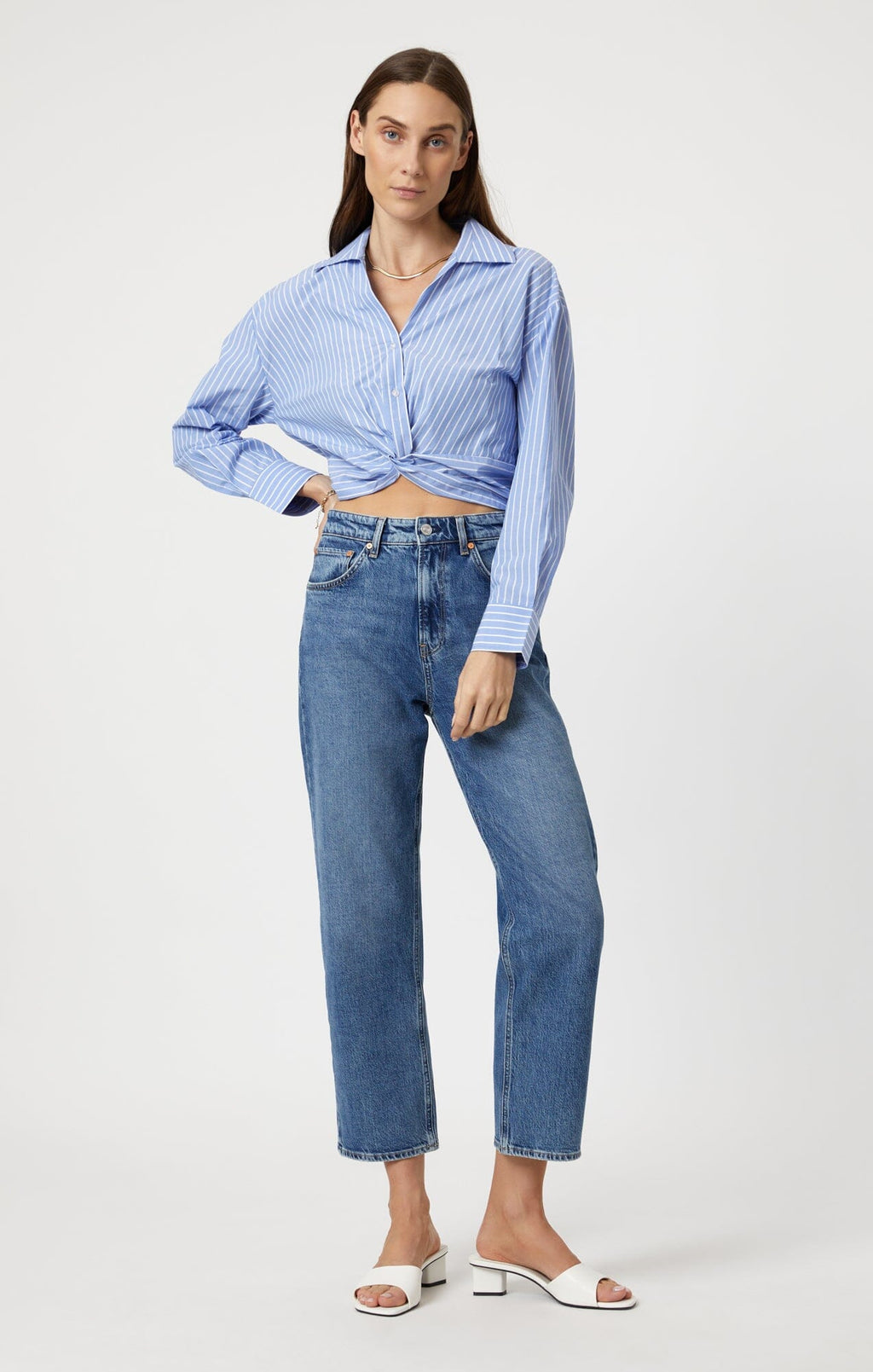 KNOT FRONT LONG SLEEVE SHIRT IN BLUE STRIPED - Mavi Jeans